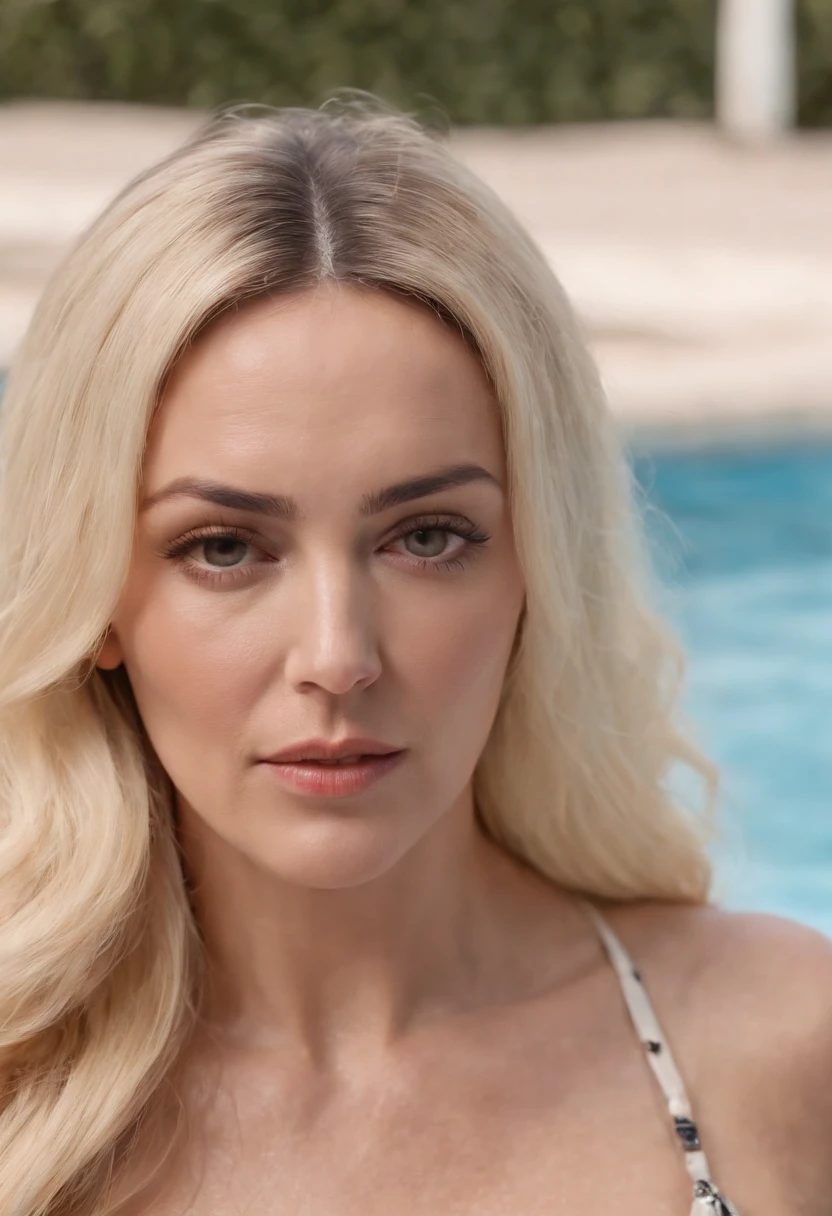 A beautiful mom, look a like Monica Bellucci with blonde hair, in bikini, next to the pool, ultra realistic, ultra hd, 4k