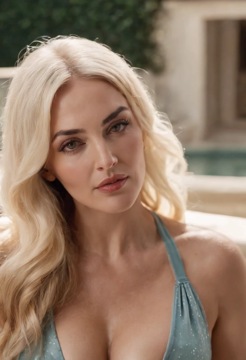 A beautiful mom, look a like Monica Bellucci with blonde hair, in bikini, next to the pool, ultra realistic, ultra hd, 4k