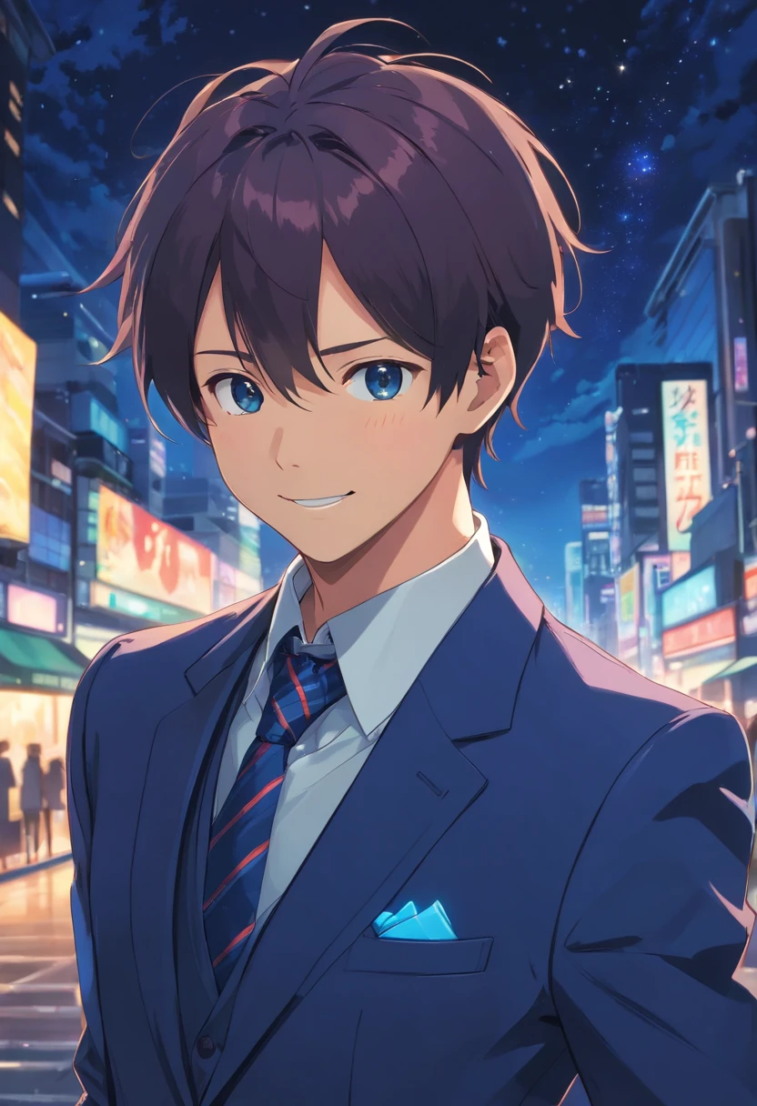 (Front view:1.4),sbeard,groomed beard,45 yers old,Dandiman ,The composition of the upper body,Makoto Shinkai's painting style,jpn,(A smile:1.3),ridicule,A tall man,sbeard, Delicate facial features like an actor,(short detailed hair:1.4),Real brunette hair, (Dark blue suit:1.5)、Dark blue tie,musculous, Eyes are brown, Night sky starry sky background