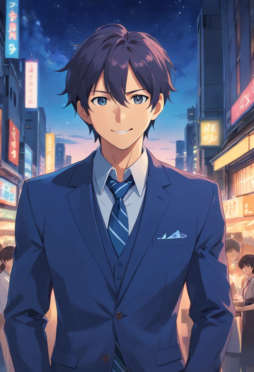 (Front view:1.4),sbeard,groomed beard,45 yers old,Dandiman ,The composition of the upper body,Makoto Shinkai's painting style,jpn,(A smile:1.3),ridicule,A tall man,sbeard, Delicate facial features like an actor,(short detailed hair:1.4),Real brunette hair, (Dark blue suit:1.5)、Dark blue tie,musculous, Eyes are brown, Night sky starry sky background