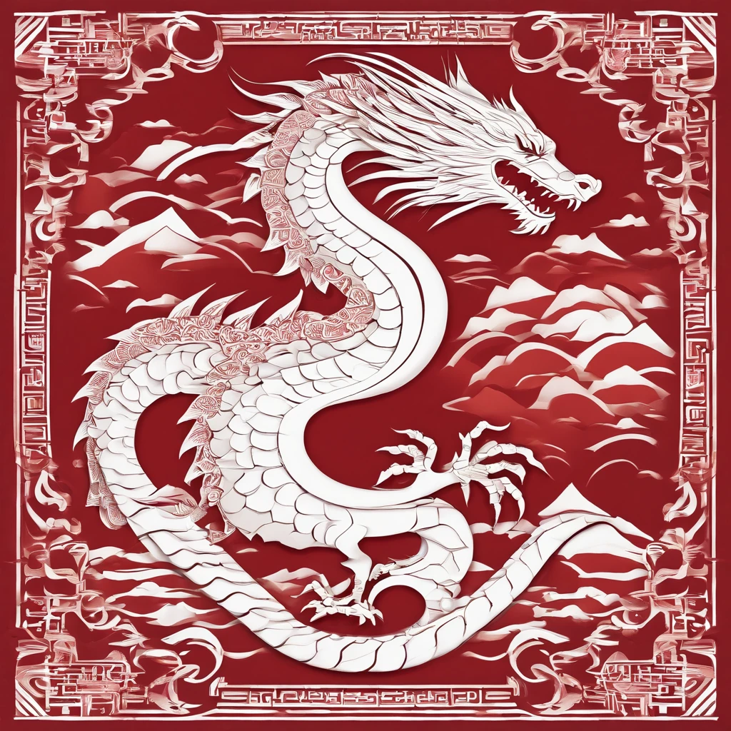 Flat paper cut style,contours,((chinesedragon)),Dragon,red colour,Clean cut,Paper,sharp-edged,Maximalism,Color blocking,((round form))