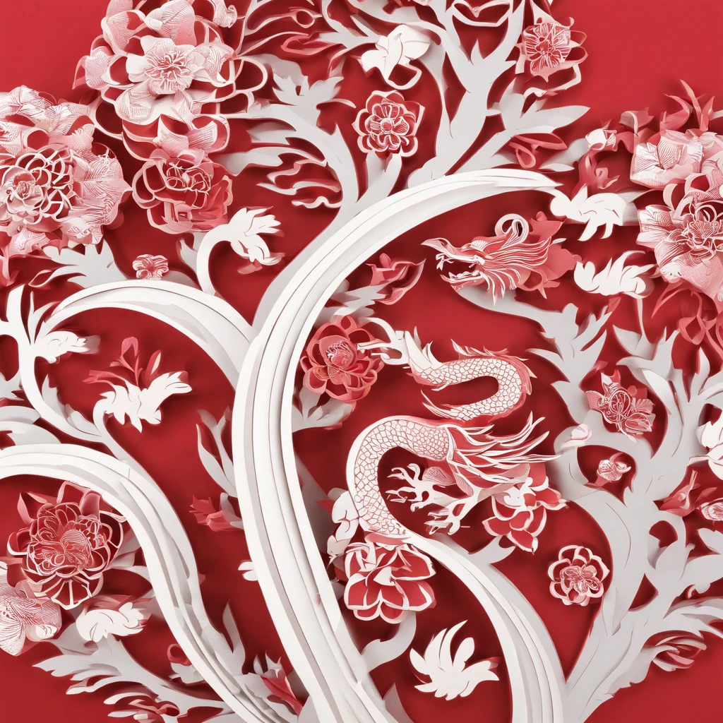 Flat paper cut style,contours,((chinesedragon)),Dragon,red colour,Clean cut,Paper,sharp-edged,Maximalism,Color blocking,((round form))