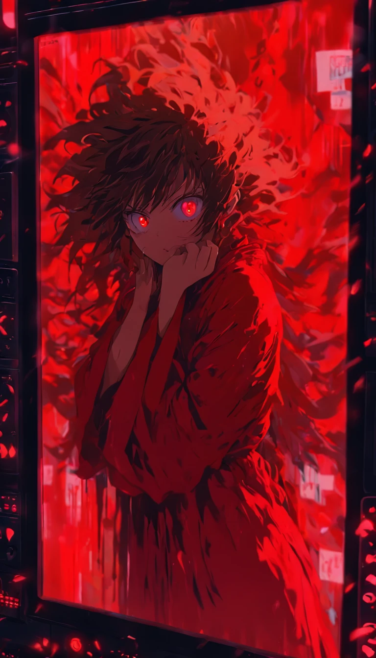 Blood red room, Flashing white TV screen, 1girll, cabelos preto e longos, with hair dishevelled, Cover one eye and face, Bright red eyes, Wearing a white transparent robe, Looming full breasts, Half of the body is stuck on the TV screen, reaching out her hands,Straighten your body, Red nails are exposed, Pinch the camera, hyper HD, Anatomically correct, Textured skin, Super detail, High details, High quality, A high resolution, 8K, hyper HD, Anatomically correct, Textured skin, Super detail, High details, High quality, Best quality, 8K,Leishnampo,Room 2,Horror