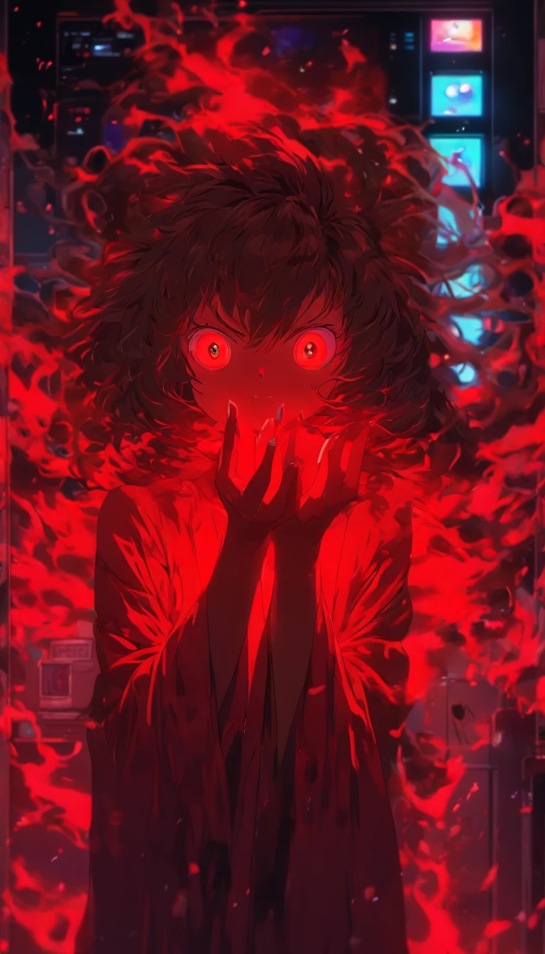 Blood red room, Flashing white TV screen, 1girll, cabelos preto e longos, with hair dishevelled, Cover one eye and face, Bright red eyes, Wearing a white transparent robe, Looming full breasts, Half of the body is stuck on the TV screen, reaching out her hands,Straighten your body, Red nails are exposed, Pinch the camera, hyper HD, Anatomically correct, Textured skin, Super detail, High details, High quality, A high resolution, 8K, hyper HD, Anatomically correct, Textured skin, Super detail, High details, High quality, Best quality, 8K,Leishnampo,Room 2,Horror