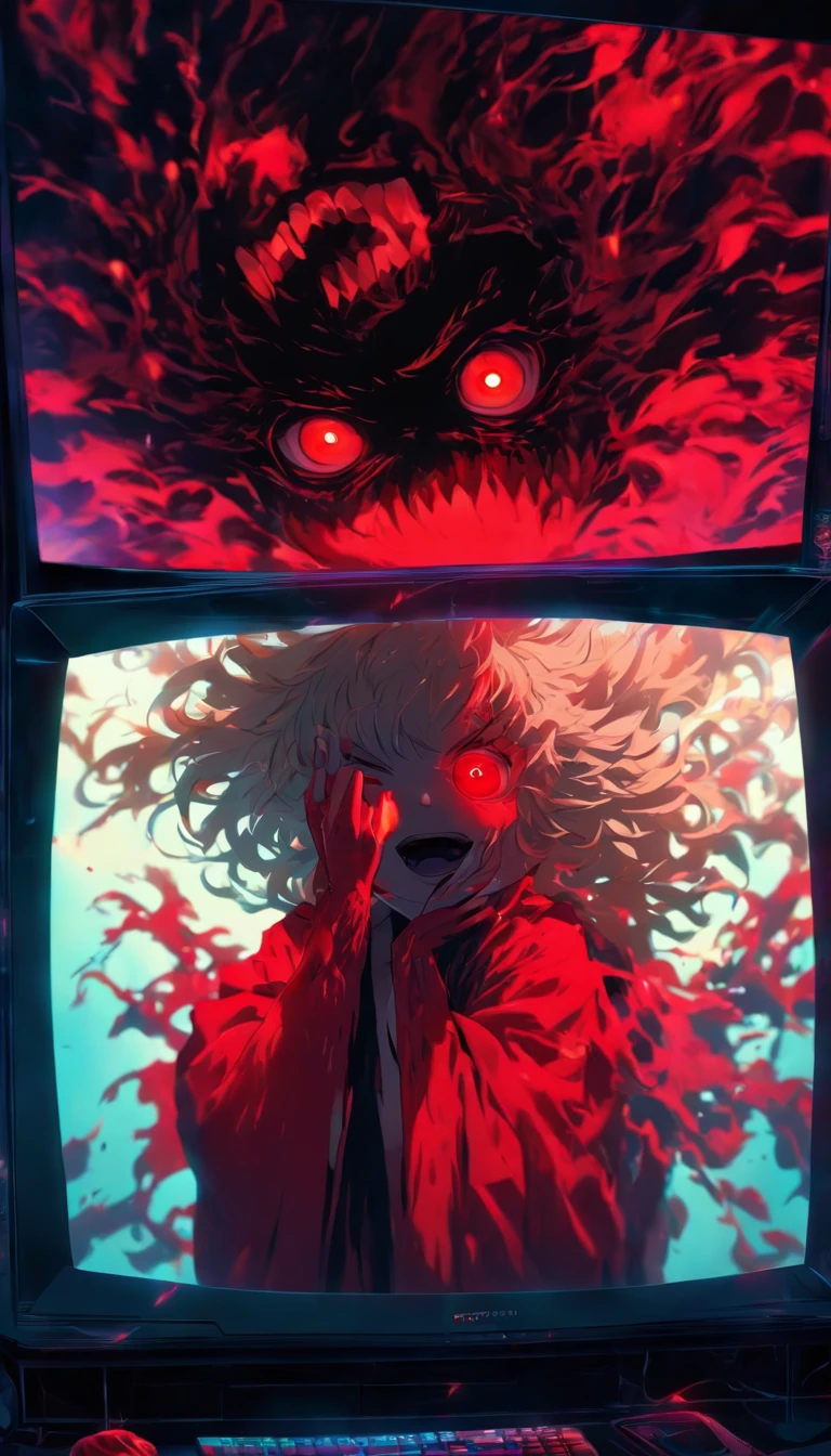 Blood red room, Flashing white TV screen, 1girll, cabelos preto e longos, with hair dishevelled, Cover one eye and face, Bright red eyes, Wearing a white transparent robe, Looming full breasts, Half of the body is stuck on the TV screen, reaching out her hands，Straighten your body, Red nails are exposed, Pinch the camera, hyper HD, Anatomically correct, Textured skin, Super detail, High details, High quality, A high resolution, 8K, hyper HD, Anatomically correct, Textured skin, Super detail, High details, High quality, Best quality, 8K,Leishnampo,Room 2,Horror
