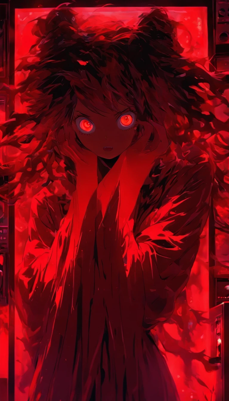 Blood red room, Flashing white TV screen, 1girll, cabelos preto e longos, with hair dishevelled, Cover one eye and face, Bright red eyes, Wearing a white transparent robe, Looming full breasts, Half of the body is stuck on the TV screen, reaching out her hands,Straighten your body, Red nails are exposed, Pinch the camera, hyper HD, Anatomically correct, Textured skin, Super detail, High details, High quality, A high resolution, 8K, hyper HD, Anatomically correct, Textured skin, Super detail, High details, High quality, Best quality, 8K,Leishnampo,Room 2,Horror