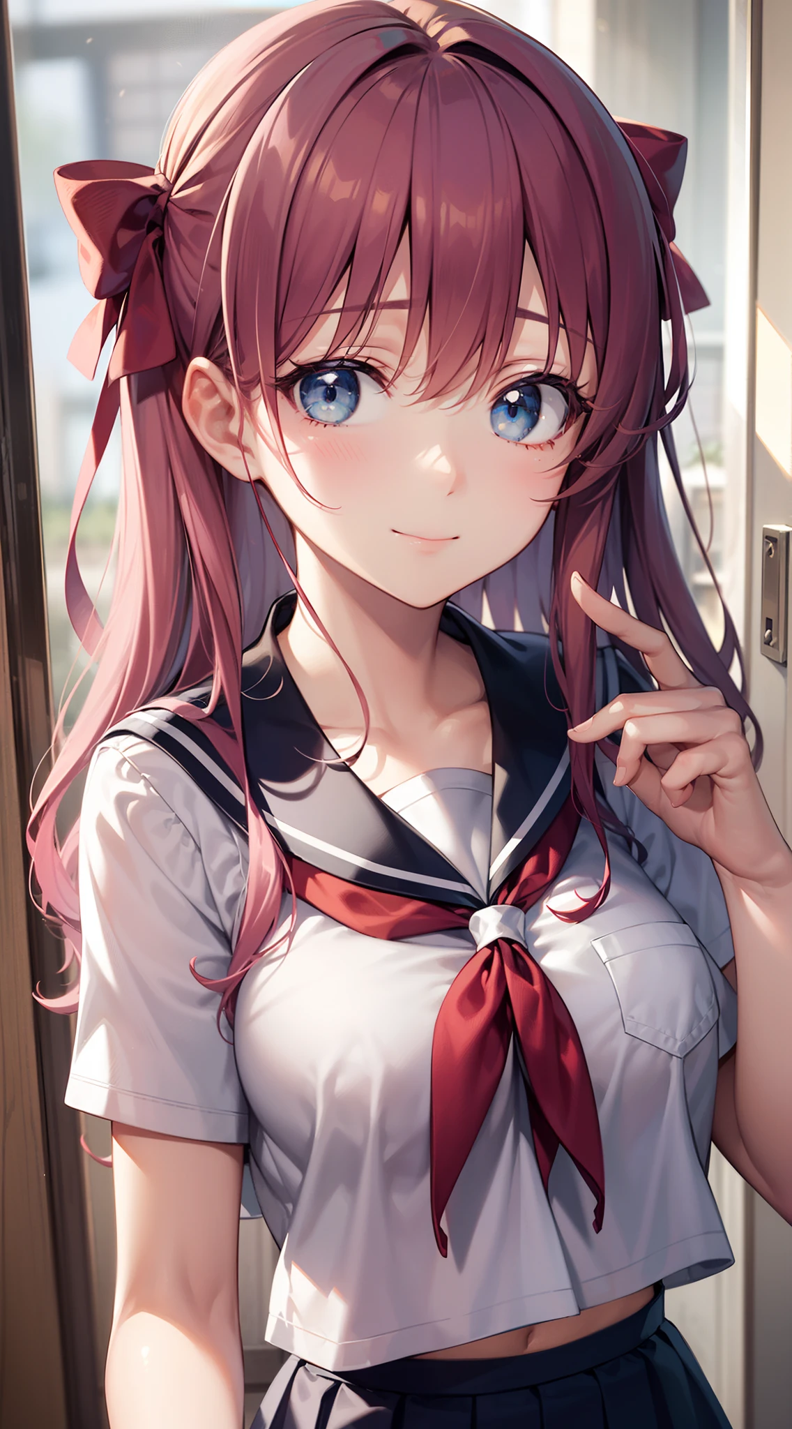 nodokaharamura, Nodoka Haramura, Blue eyes, Hair Bow, Long hair, Pink hair, Bow,
Blake Blue Skirt, Kiyosumi school uniform, Pleated skirt, School uniform, serafuku, Skirt,
BREAK looking at viewer,
Break indoors, crass room,
BREAK (masutepiece:1.2), Best Quality, High resolution, Unity 8k壁纸, (Illustration:0.8), (Beautiful detailed eyes:1.6), extra detailed face, Perfect Lighting, extremely details CG, (Perfect hands, Perfect Anatomy),Seductive smile,huge-breasted,From below,