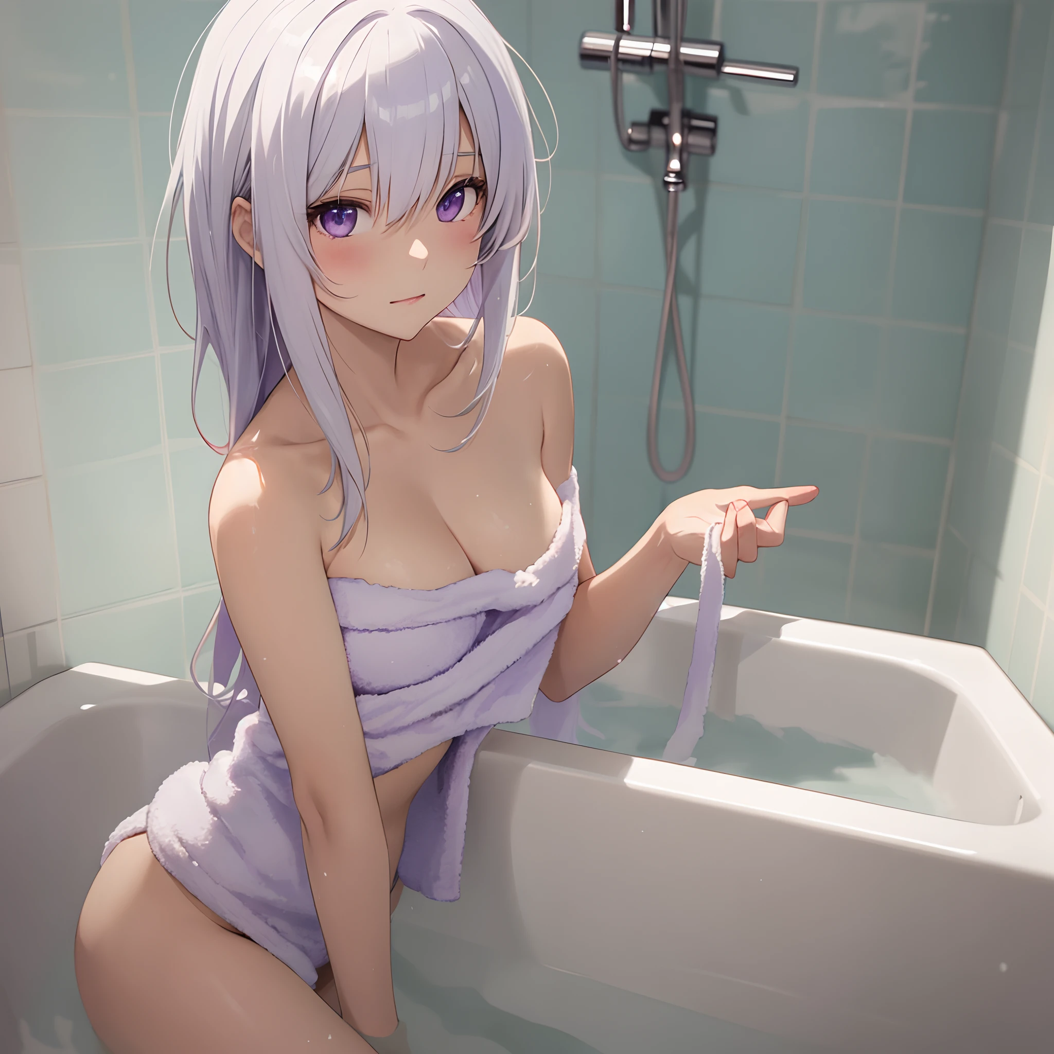 anime girl, towel(only) in a bathtub, white hair, purple eyes.