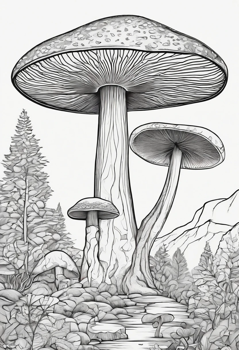Retro forest mushroom rock, coloring page for adults, right white, photo-realistic, clean line art, mandala, high detailed, no background, mandala, white, black, coloring book, sketchbook, realistic sketch, free lines, on paper, character sheet, 8k