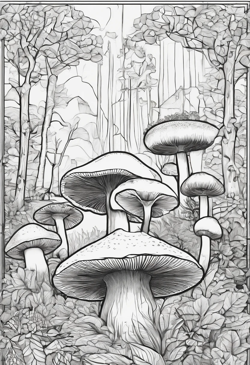 Retro forest mushroom rock, coloring page for adults, right white, photo-realistic, clean line art, mandala, high detailed, no background, mandala, white, black, coloring book, sketchbook, realistic sketch, free lines, on paper, character sheet, 8k