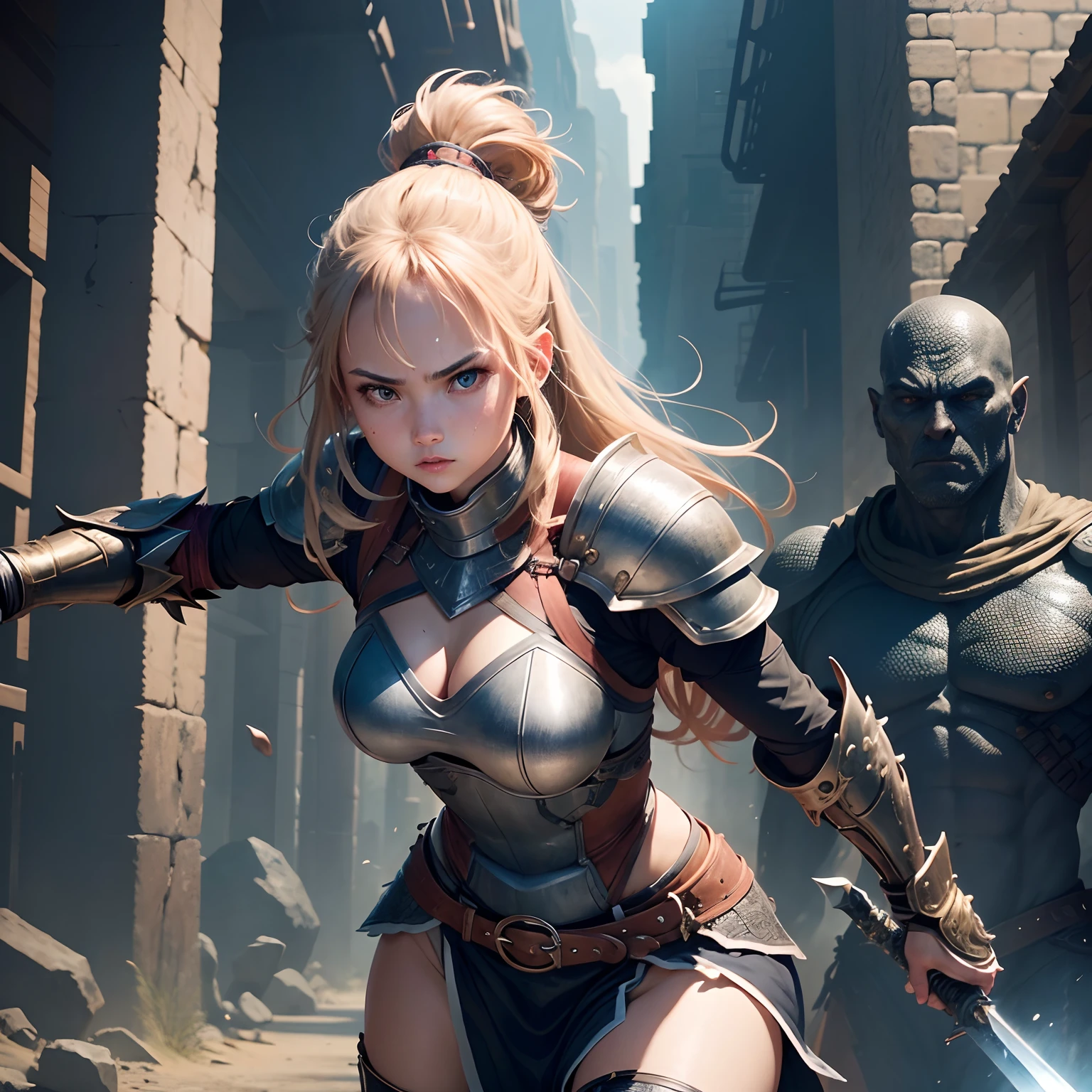 A girl warrior is fighting a monocular giant、Ultra-precise photography、Girl warrior wears leather armor、Confront the giants with a huge sword in your right hand、The skin of a giant is like a reptile、