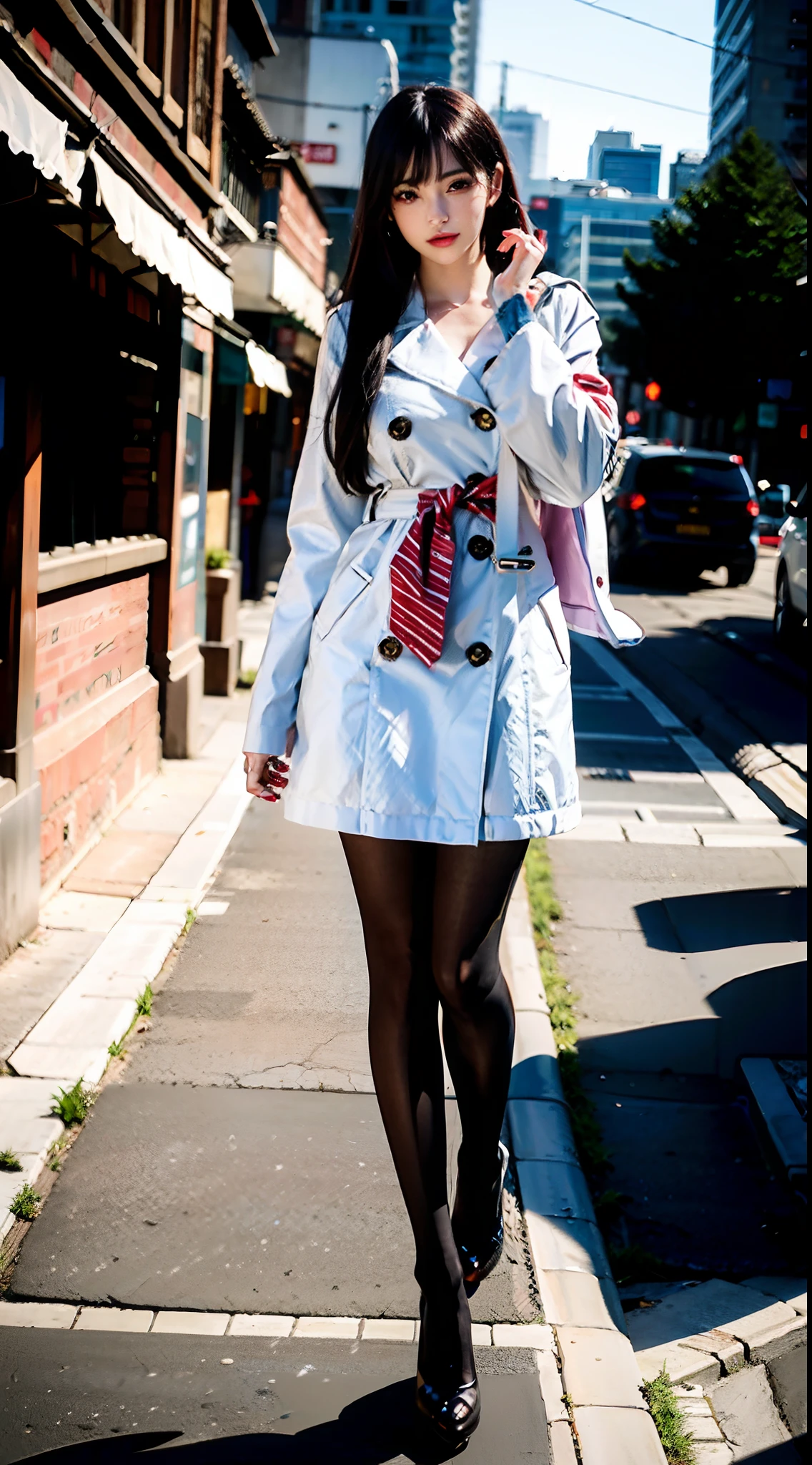 (Best quality,4K,8K,A high resolution,Masterpiece:1.2),Ultra-detailed,(Realistic,Photorealistic,photo-realistic:1.37),Long-range shooting,Blue-haired woman,Hair falls on the left shoulder,Wears a white trench coat lined in red, blackminiskirt,Patterned stockings,High heels,Walking on the street,Portrait,conceptual art,Blurred background,Soft lighting,Vivid tones