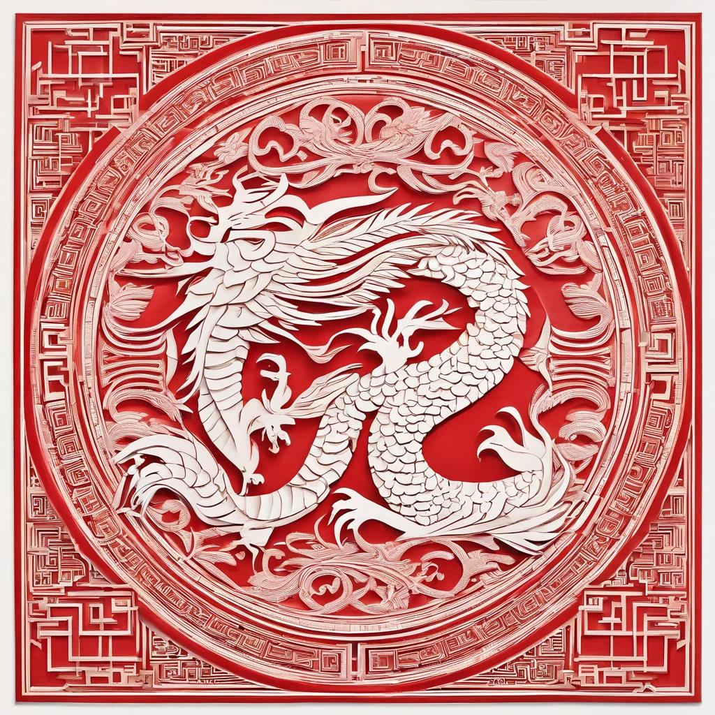Flat paper cut style,contours,((chinesedragon)),Dragon,red colour,Clean cut,Paper,sharp-edged,Maximalism,Color blocking,((round form))
