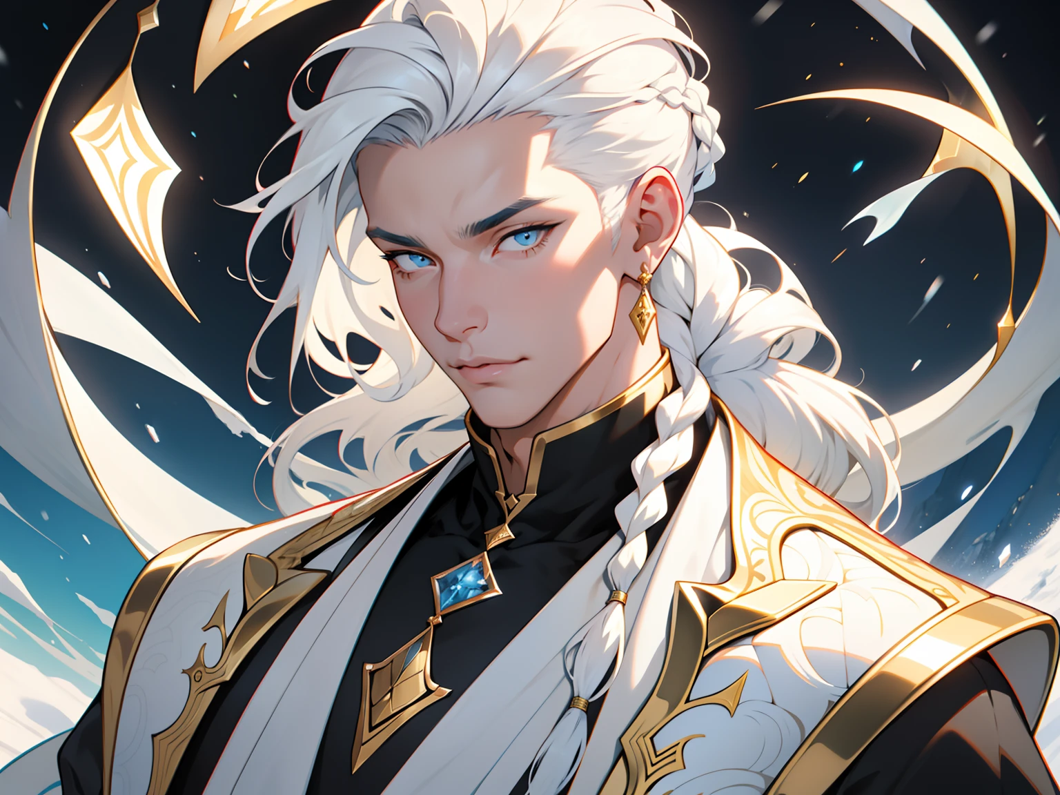 1guy, Gorgeous Dapper Elysian Male with Perfect Balance of Male and Female Characteristics, (stunning long snow-white hair, Braiding one), Tetradic colors in white and powder blue, Perfect Anatomy, Approaching perfection, Harsh gold eyes, 8K resolution, (Single person), masutepiece, Perfect face:1.2), Intricate details, Extravagant detailed background, Full lips, Curvy Man, Cinematic lighting,nijistyle、divination、Middle age、magia