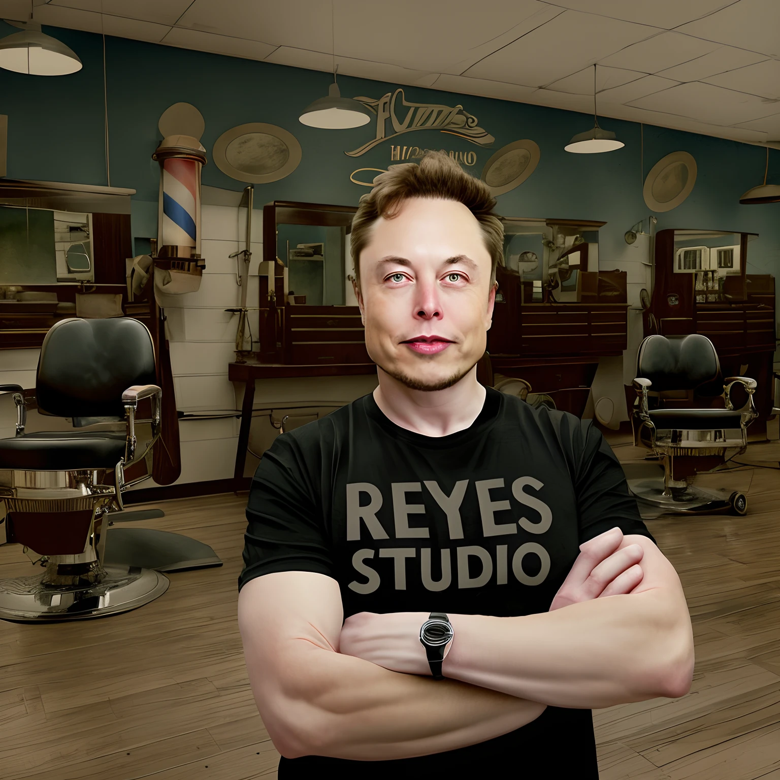 Generates a digital image of Elon Musk in a confident pose, with his arms crossed, wearing a black t-shirt with the inscription “REYES STUDIO” on the chest. The background of the scene must represent an authentic barbershop, with characteristic elements such as a classic vintage barber chair, antique mirrors, and traditional decoration details, epic realistic photography, hyperrealistic.