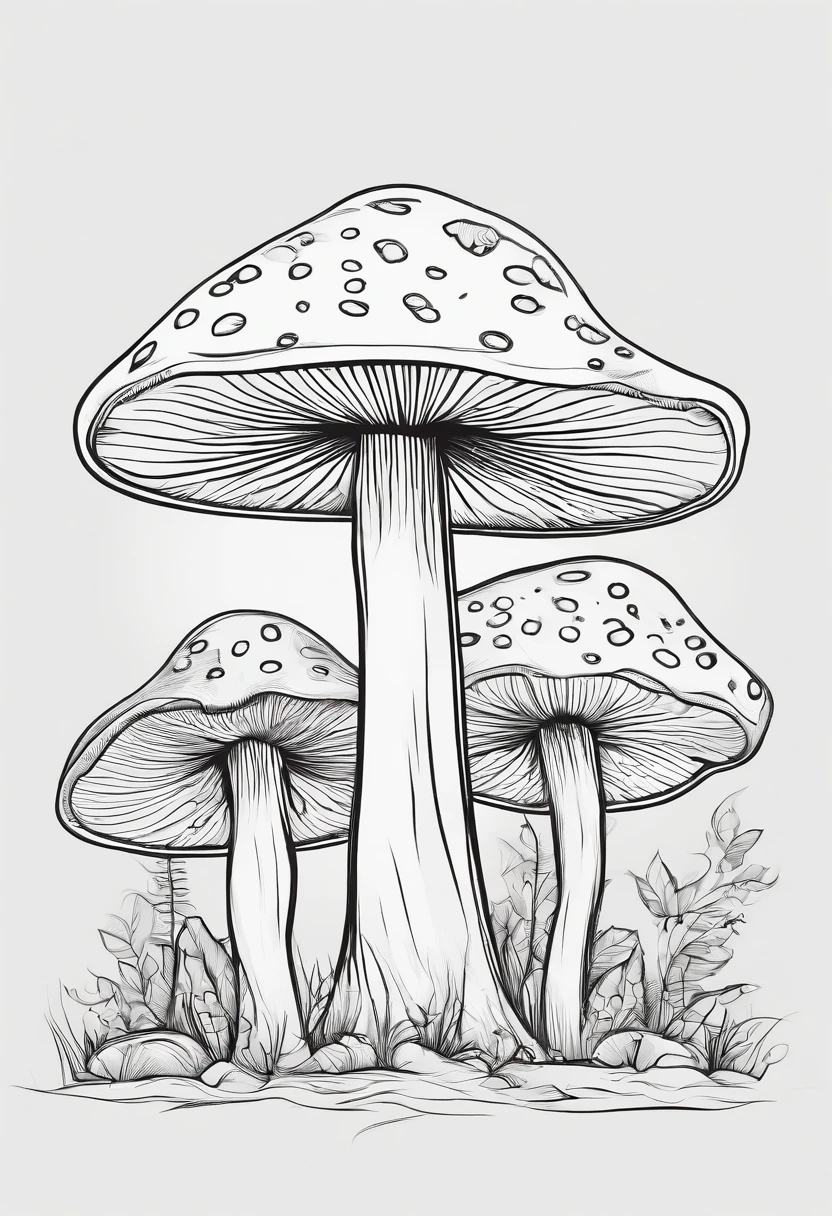 mushroom, minimalist, line art, vector, SVG, coloring book, coloring book page style, outline black on white. Spooky forest, white background, clean white background, professional vector, high detail