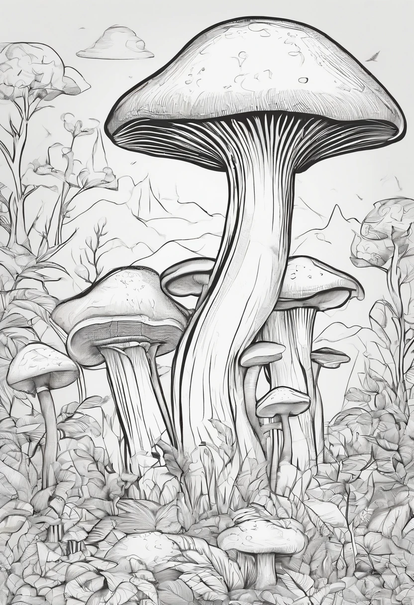 mushroom, minimalist, line art, vector, SVG, coloring book, coloring book page style, outline black on white. Spooky forest, white background, clean white background, professional vector, high detail