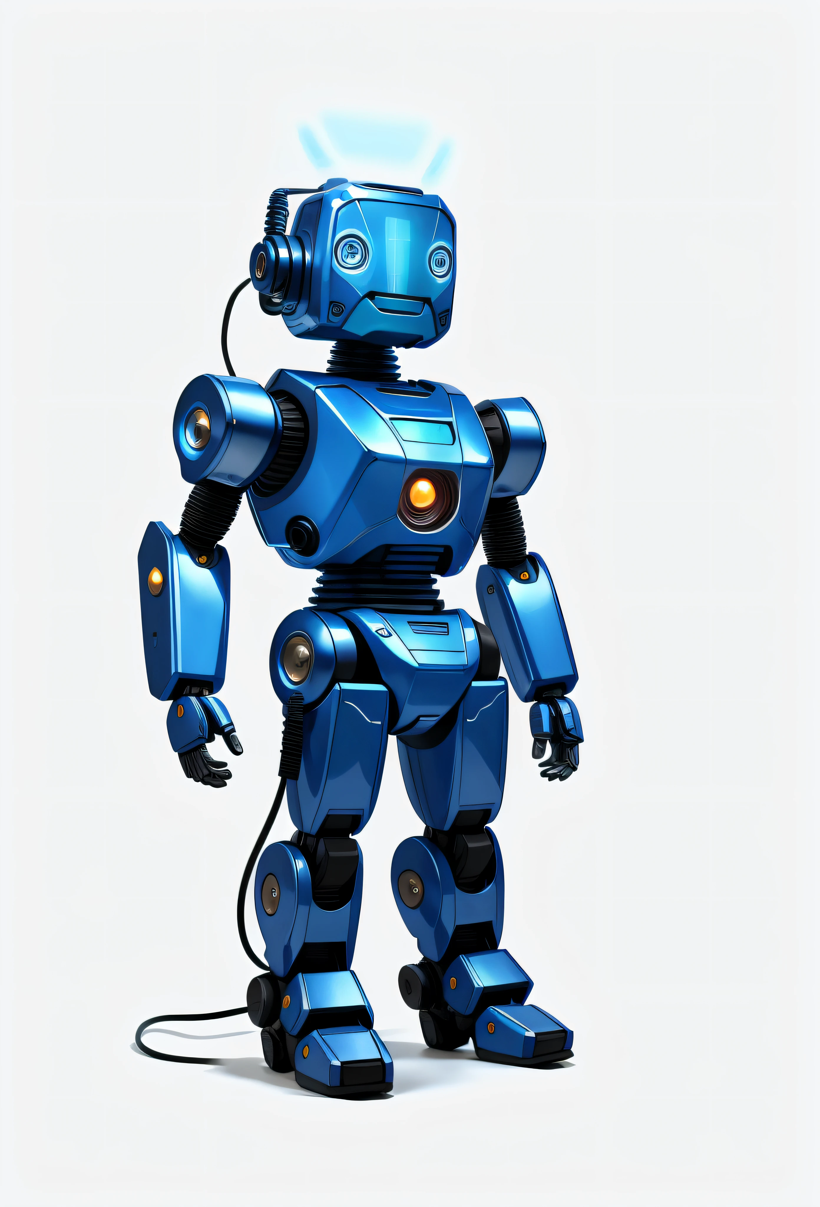 A blue robot stands with the lights on, large robot, Robot Chappie, Concept Robot, The robot, ((The robot)), Humanoid Servo, Tin Toy Character Design Robot, Mechanical robots, The robot, Friendly Humanoid Cyber Robot, Humanoid robot, machinery, Posing like a robot, Robot Concept Art, SD Character, cute little, Lateral angle perspective, Left camera,