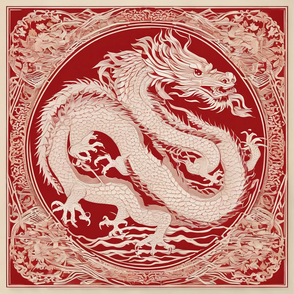 Flat paper cut style,contours,((chinesedragon)),Dragon,red colour,Clean cut,Paper,sharp-edged,Maximalism,Color blocking,((round form))