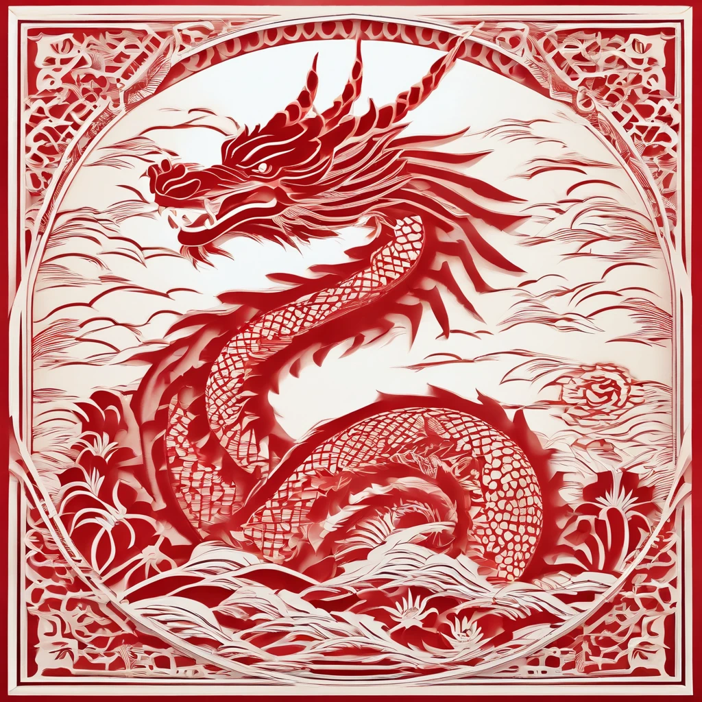 Flat paper cut style，contours，((chinesedragon))，Dragon，red colour，Clean cut，Paper，sharp-edged，Maximalism，Color blocking，((round form))