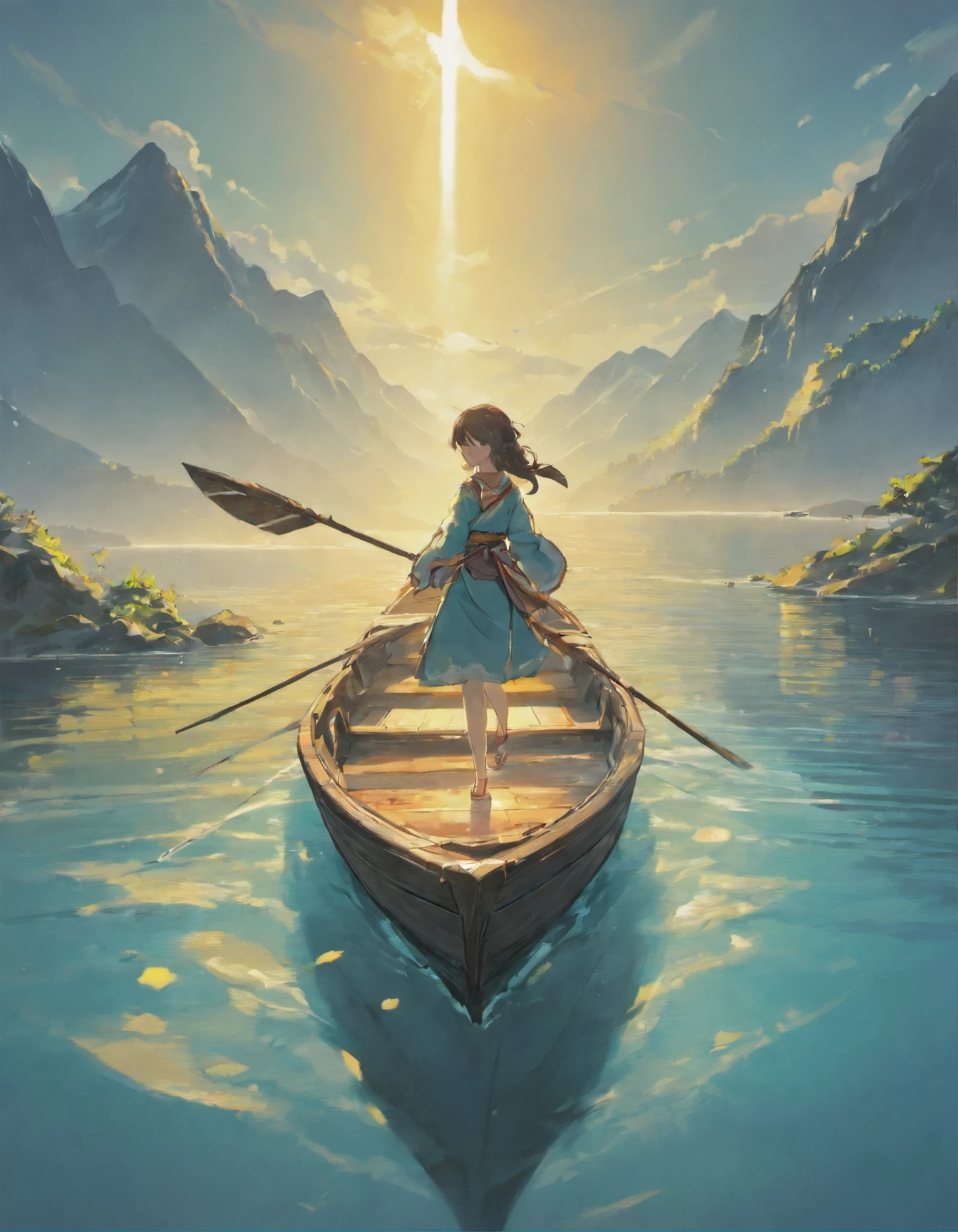 Draw boats in a lake with mountains and sunshine, dreamlike digital painting, fantasy digital painting, fantasy. gondola boat, Chinese style painting, digital cartoon painting art, glossy digital painting, Chinese painting style, Digital fantasy painting, 8k resolution digital painting, 8 k resolution digital painting, Fantasy landscape painting, A beautiful artwork illustration, 4 k digital painting