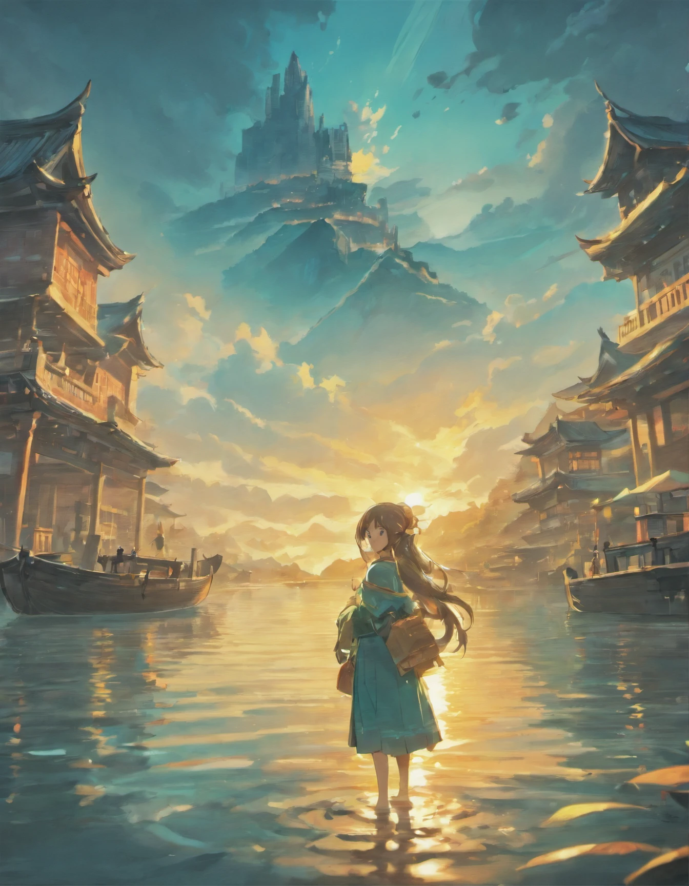 Draw boats in a lake with mountains and sunshine, dreamlike digital painting, fantasy digital painting, fantasy. gondola boat, Chinese style painting, digital cartoon painting art, glossy digital painting, Chinese painting style, Digital fantasy painting, 8k resolution digital painting, 8 k resolution digital painting, Fantasy landscape painting, A beautiful artwork illustration, 4 k digital painting