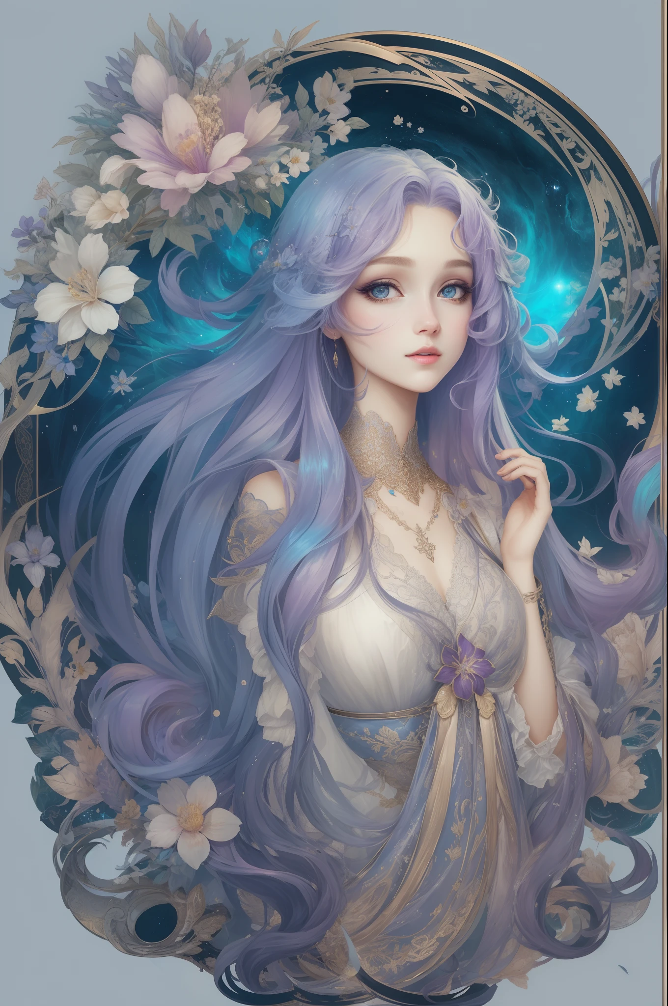 （（Gorgeous 18-year-old princess）），（She has long flowing blue-purple hair），（Bright and beautiful eyes），trendding on artstation，Flowers of hope，ultra-detailliert，insanely details, Amazing, complex, elite, Art Nouveau, a gorgeous, Dreamy，Liquid wax, elegant, Luxurious, Ink style, a sticker, Vector art beautiful character design, Dual exposure shooting, Luminous design, winning artwork, tmasterpiece, AMOLED black background,optic