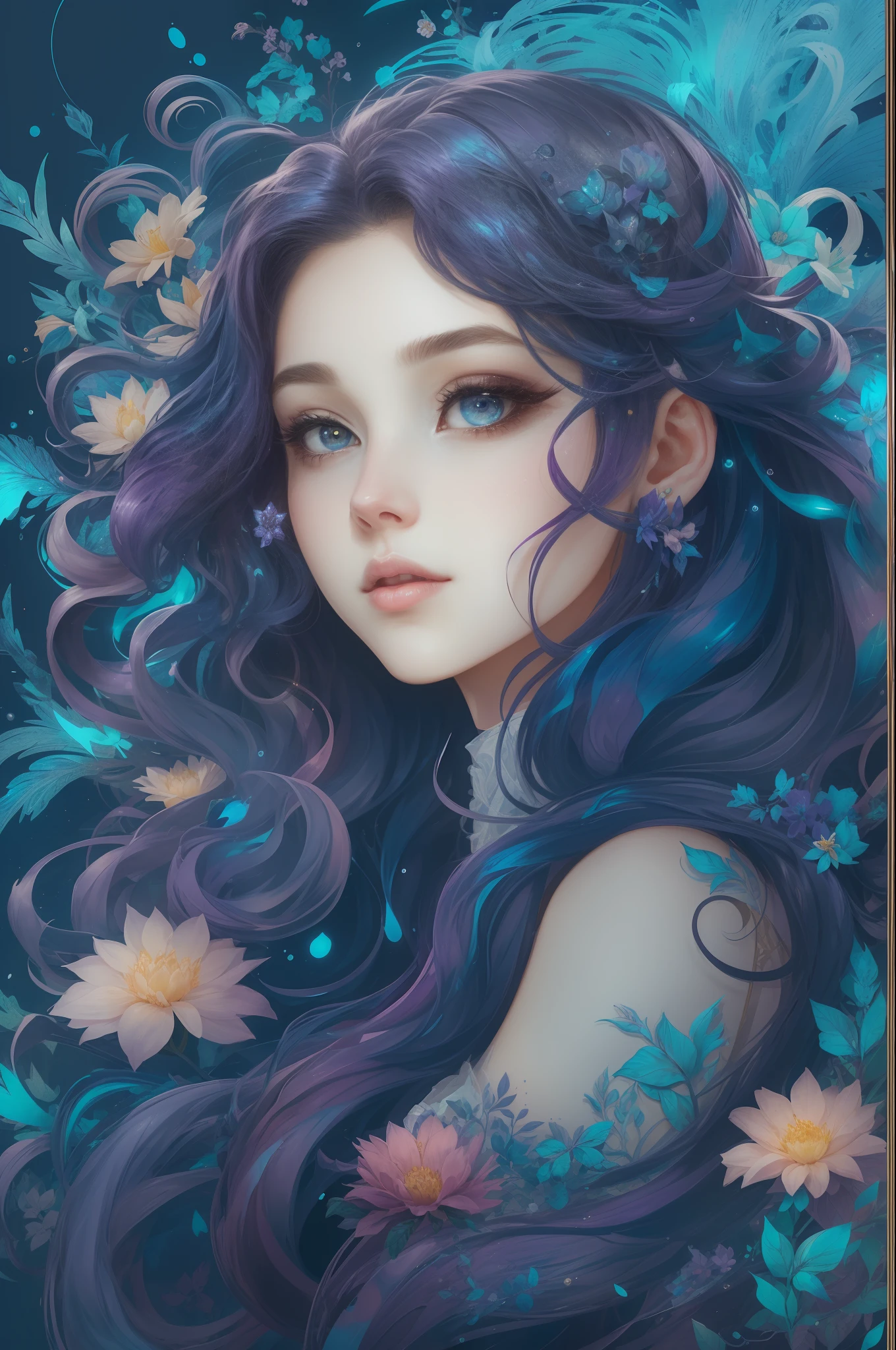 （（Gorgeous 18-year-old princess）），（She has long flowing blue-purple hair），（Bright and beautiful eyes），trendding on artstation，Flowers of hope，ultra-detailliert，insanely details, Amazing, complex, elite, Art Nouveau, a gorgeous, Dreamy，Liquid wax, elegant, Luxurious, Ink style, a sticker, Vector art beautiful character design, Dual exposure shooting, Luminous design, winning artwork, tmasterpiece, AMOLED black background,optic