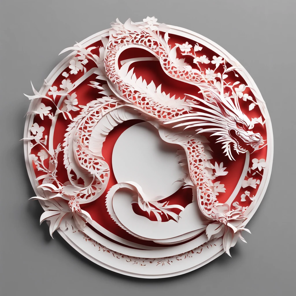 Flat paper cut style,((chinesedragon)),Dragon,red colour,Paper,Color blocking,((round form))