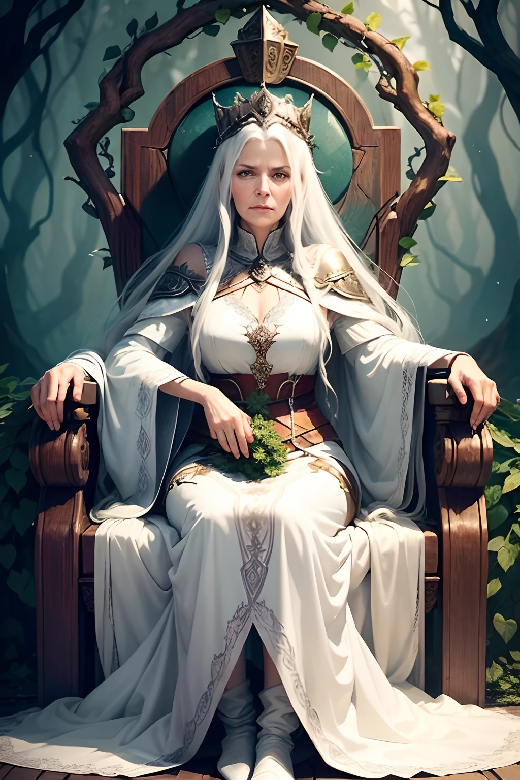 I want to generate a high quality fantasy art for a woman named the Wolf Queen of Agramar. She is an old woman with very long white hair and silvery eyes, sitting on a throne made of retorted tree branches entwined by vines and leafs.