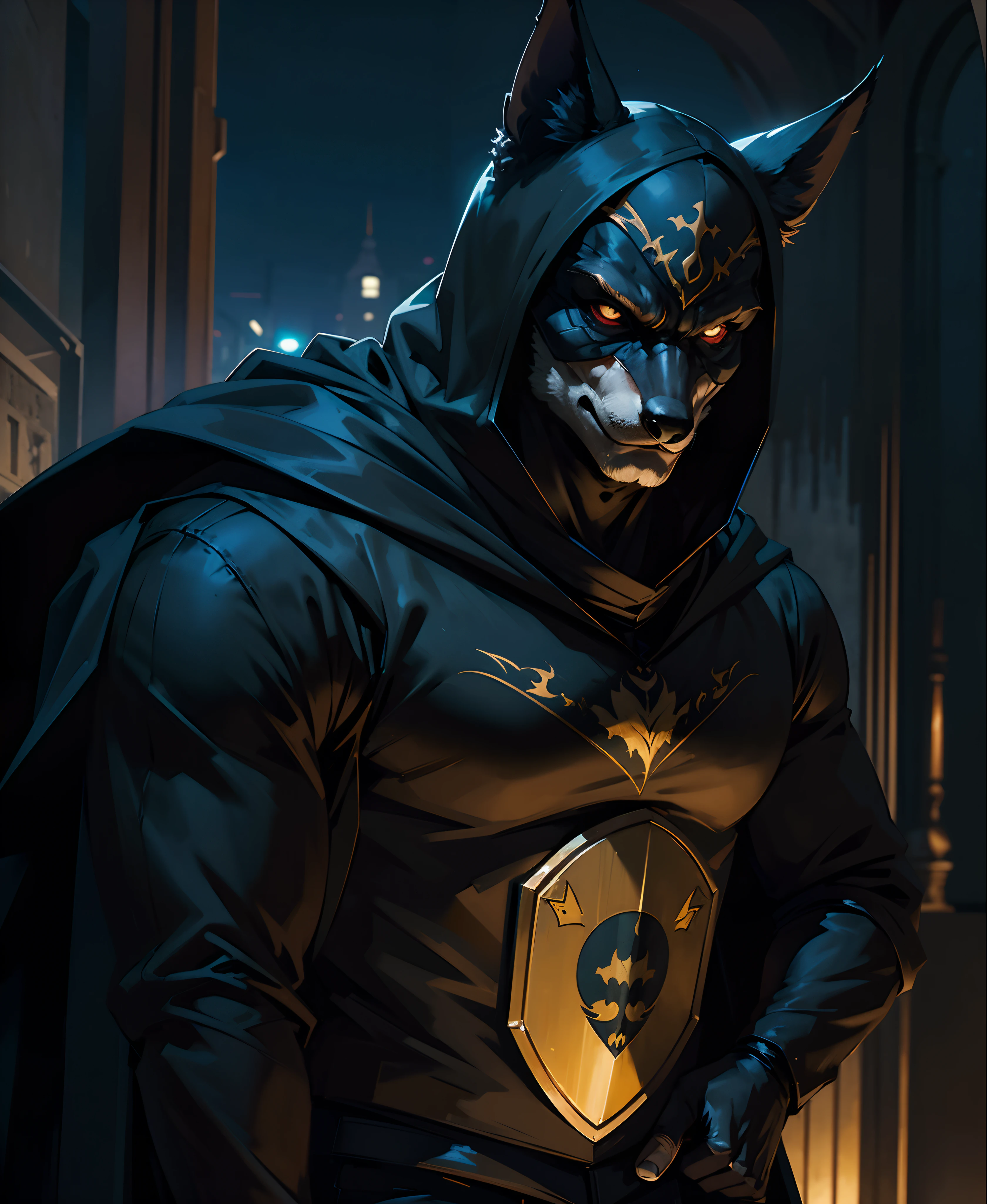A nighttime vigilante superhero from Lisbon, dressed in a dark suit adorned with the symbol of the Iberian Wolf, patrols the city's streets to ensure the safety of its inhabitants. With eyes as sharp as a wolf's, he guards the Lisbon night, operating in the shadows to keep evil at bay and ensure the city sleeps in peace.