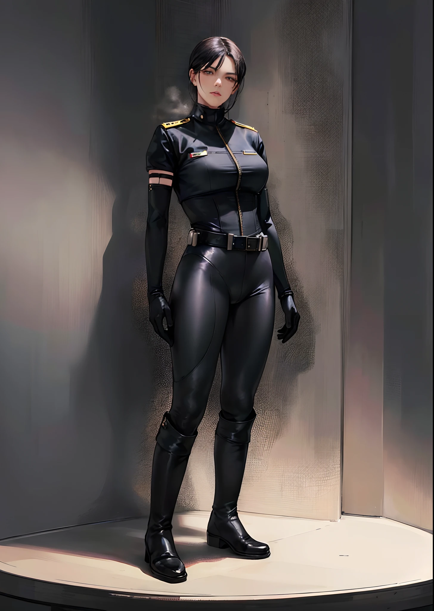 (highest resolution, distinct_image) best quality, a woman, solo, masterpiece, highly detailed, semi realistic, black cropped, black hair, bangs, 18 years old, mature, young, tall strong, black clothing, black uniform, military uniform,indoor background, cold, serious, tall, handsome, autocratic, powerful, exquisite facial features, exquisite facial features, (full body)(black knee-high boots)(dominatrix:0.3)(white Yoga pants),(hands on hip)(gloves:1.5)