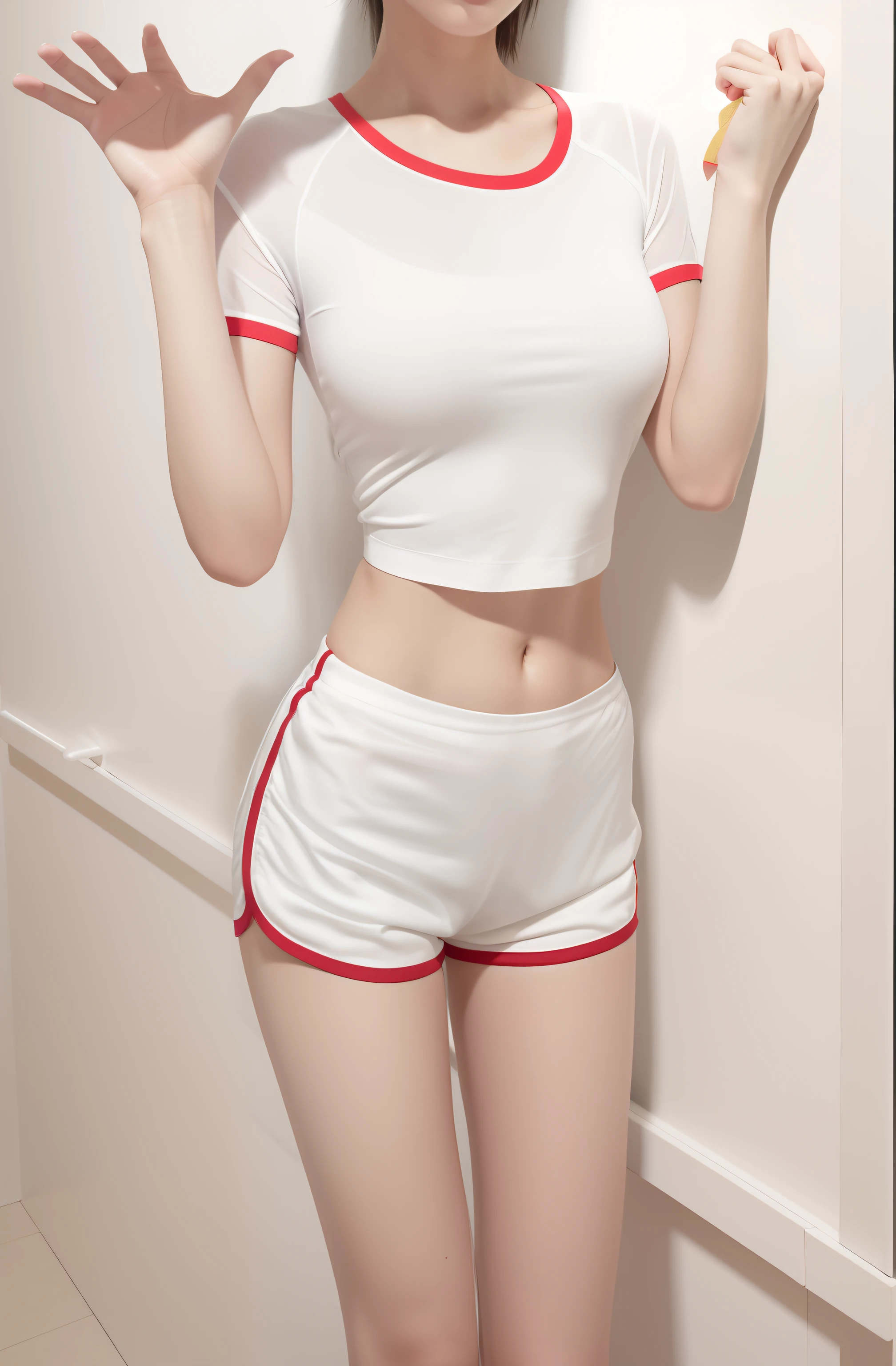 Arapei Asian woman posing for photo in white shirt and red shorts, photo of slim girl model, cute sportswear, is wearing a shorts, Thin waist, wearing red color shorts, pale red, big breasts thin waist, photo of slim girl, 2 4 year old female model, pretty face with arms and legs, fit dainty figure, Sporty, Slender waist