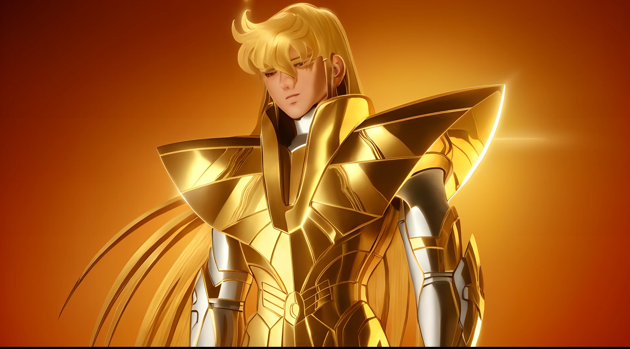 Por favor, use sua habilidade para transformar este desenho do Cavaleiro de Ouro, Shaka de Virgem, em um retrato realista. Certifique-se de capturar todos os detalhes da armadura de ouro, cabelos loiros naturais, the cosmic energy radiating from him, e todos os outros elementos que fazem o personagem Shaka de Virgem. The result should be in high resolution, 8k, com fidelidade extrema ao aspecto humano e aos detalhes da armadura de ouro. I want the final image to be as realistic as possible
