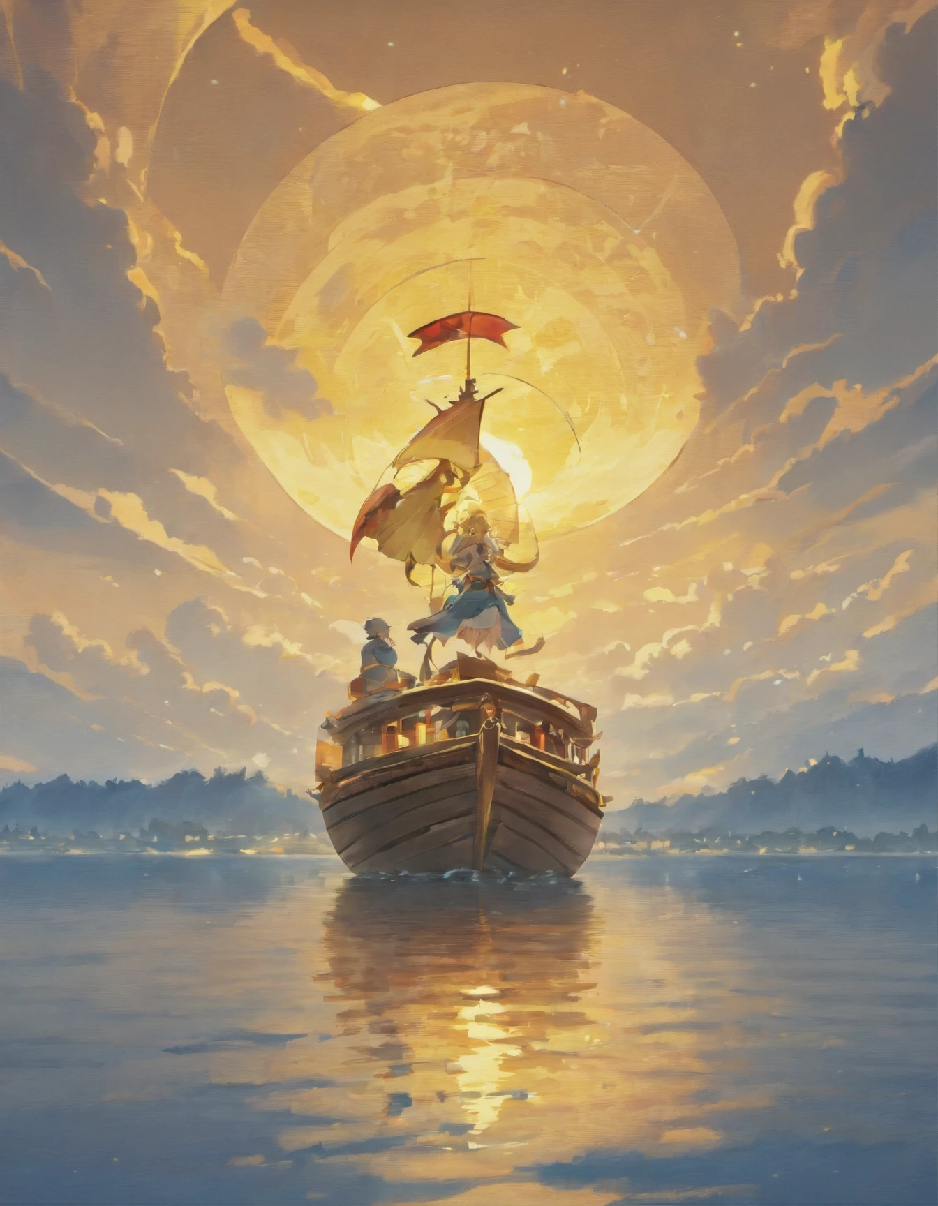 Draw boats in lakes with mountains and sun, Huge golden sails,dreamlike digital painting, fantasy digital painting, fantasy. gondola boat, Chinese style painting, digital cartoon painting art, glossy digital painting, Chinese painting style, Digital fantasy painting, 8k resolution digital painting, 8 k resolution digital painting, Fantasy landscape painting, A beautiful artwork illustration, 4 k digital painting