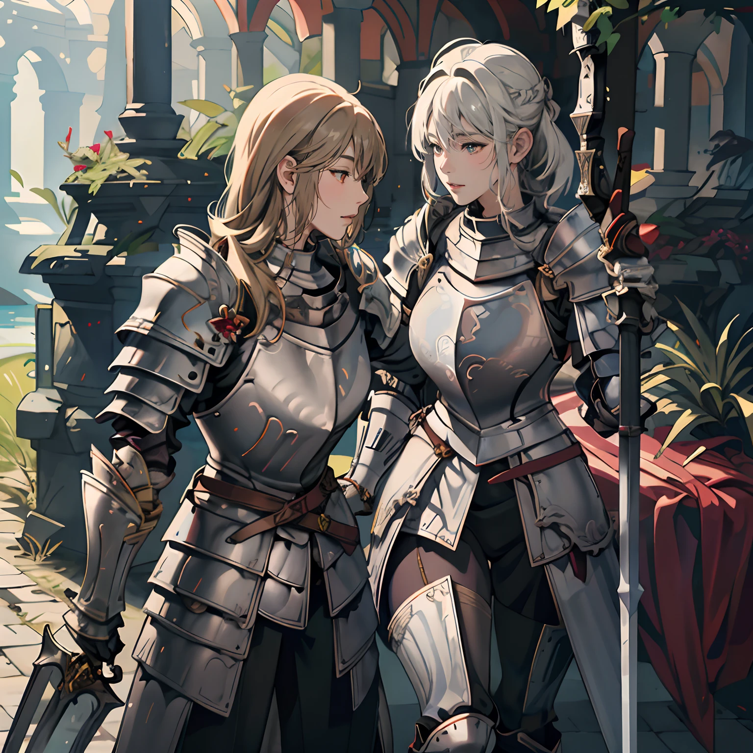 Women in Their 20s、1 persons、a close up of a woman in armor holding a sword, armor girl, Female knight, large full breasts、full armor, full armor, Gorgeous Female Paladin, Female knight, of a beautiful female knight, Beautiful armor, Plump、full armor, Armor exposure, Gorgeous full-body armor, stunning armor, Trending on ArtStation pixiv, beautiful female knight、in woods、lake、holding a greatsword、Great Sword of Steel、Staring at me
