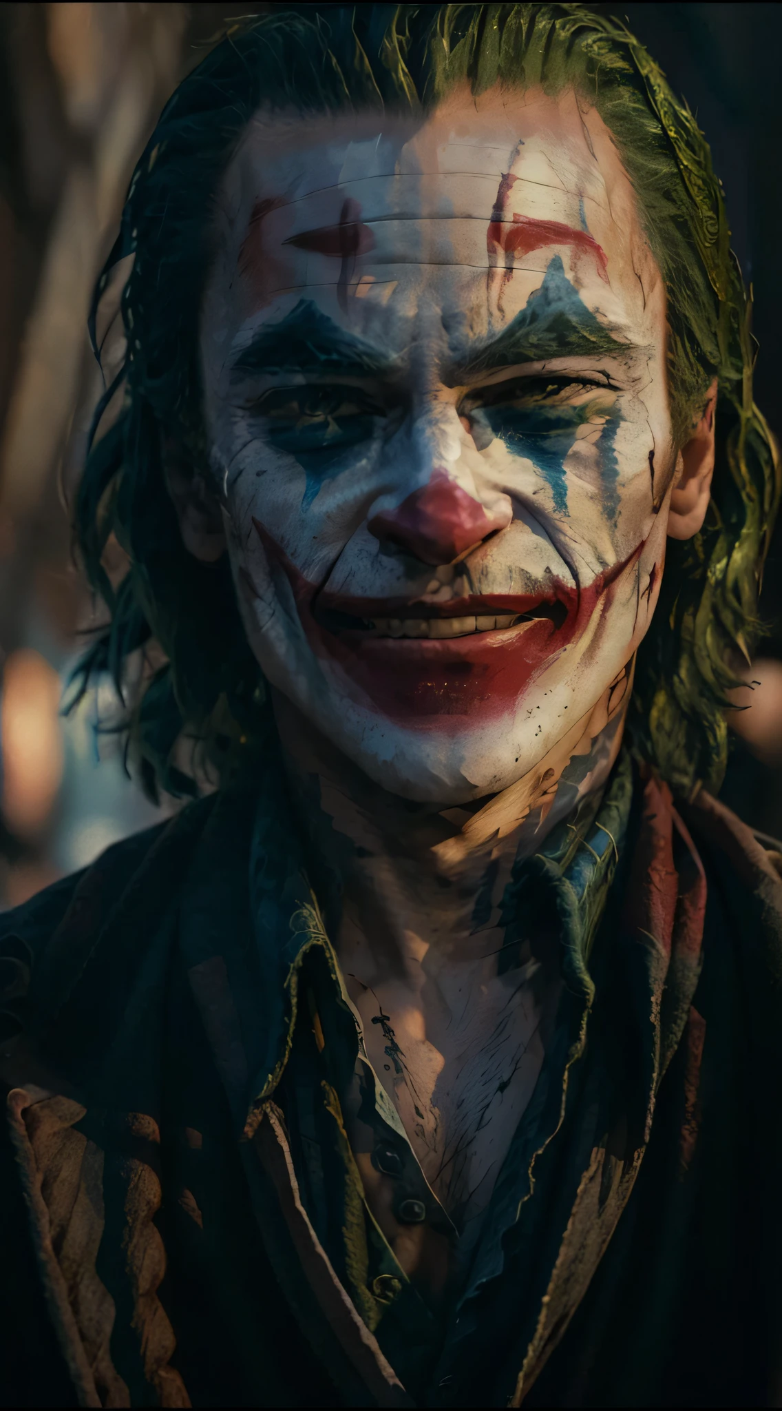 (best quality,4k,8k,highres,masterpiece:1.2),ultra-detailed,(realistic,photorealistic,photo-realistic:1.37),crocheted portrait,Heath Ledger,The Joker,intense eyes,(maddening gaze,insane stare),legendary performance,poster quality,photo-realistic details,cinematic effect,close-up view,zoomed in eyes,deep eye sockets,intense expression,detailed crocheted textures,vibrant colors,bold contrasts,dark background,menacing atmosphere,distorted smile,manic energy,haunting portrayal,iconic character,heavily textured yarn,woven fibers,attention to facial features,intense and intriguing presence,memorable portrayal,impeccable craftsmanship,skilled crochet techniques,perfectly captured details,uncanny resemblance,expression of madness and chaos,psychological depth,emotional impact,celebration of Heath Ledger's talent,tribute to his unforgettable performance.