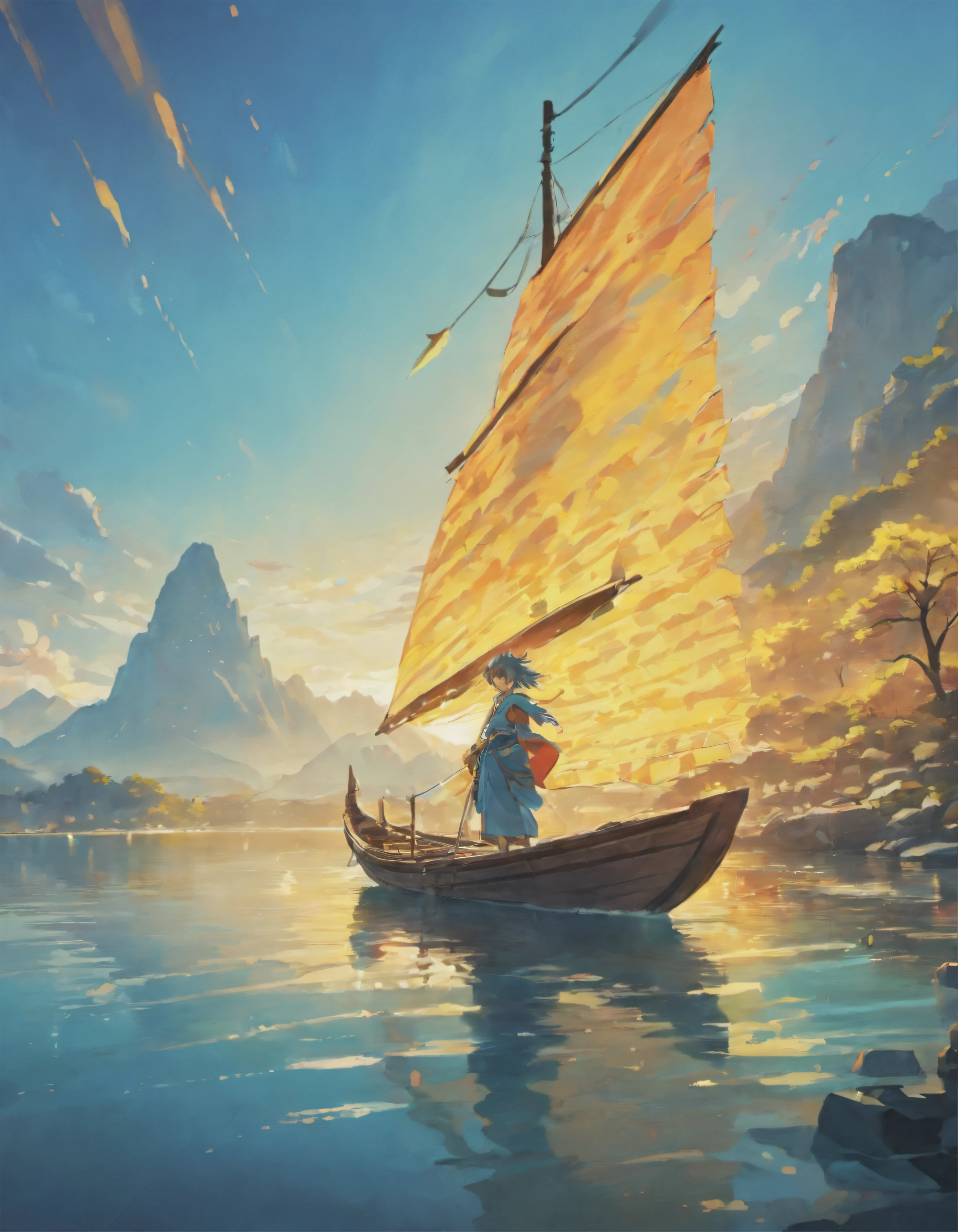 Draw boats in a lake with mountains and sunshine, dreamlike digital painting, fantasy digital painting, fantasy. gondola boat, Chinese style painting, digital cartoon painting art, glossy digital painting, Chinese painting style, Digital fantasy painting, 8k resolution digital painting, 8 k resolution digital painting, Fantasy landscape painting, A beautiful artwork illustration, 4 k digital painting