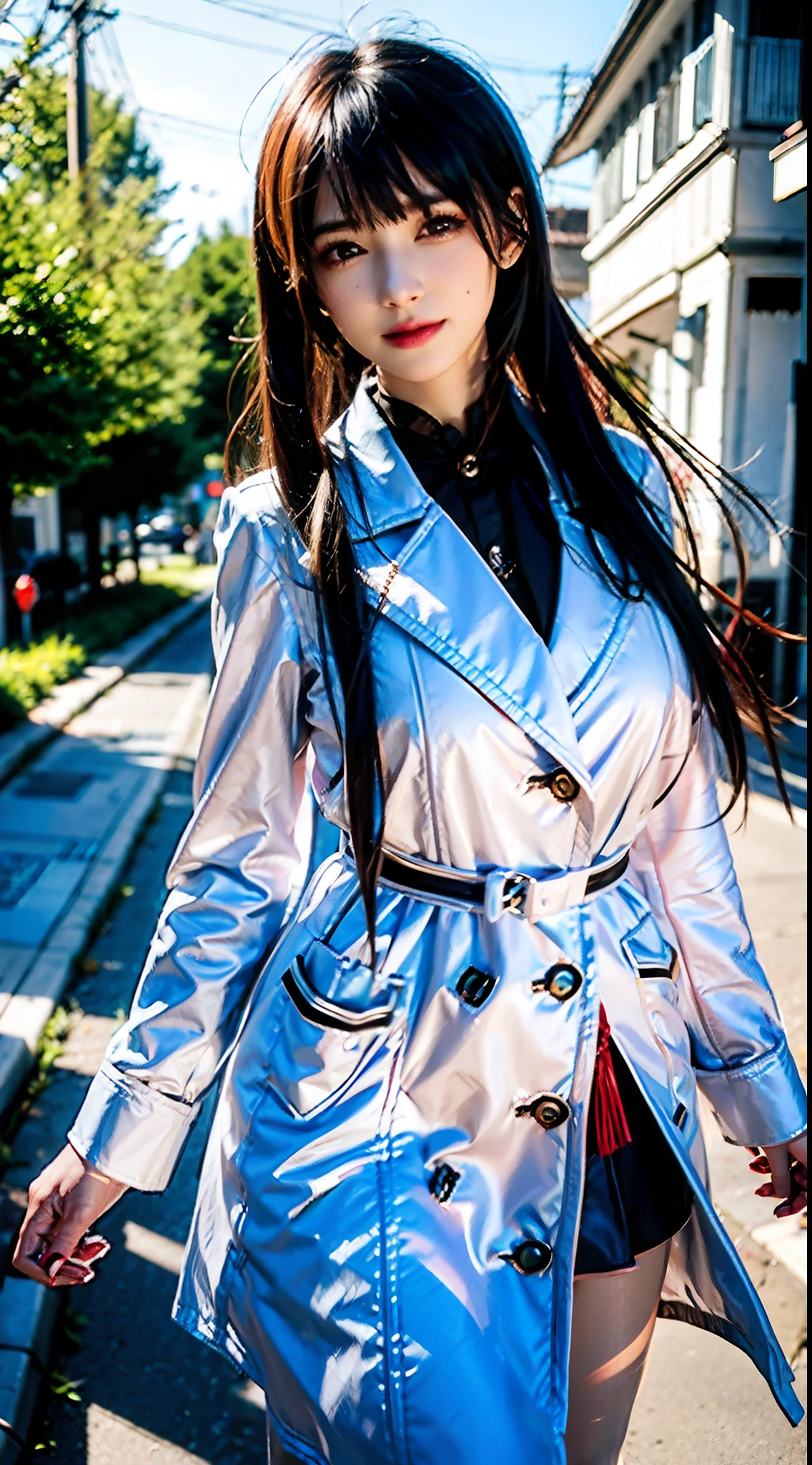 (Best quality,4K,8K,A high resolution,Masterpiece:1.2),Ultra-detailed,(Realistic,Photorealistic,photo-realistic:1.37),Long-range shooting,Blue-haired woman,Hair falls on the left shoulder,Wears a white trench coat lined in red, blackminiskirt,Patterned stockings,High heels,Walking on the street,Portrait,conceptual art,Blurred background,Soft lighting,Vivid tones