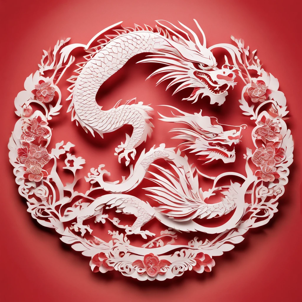 Flat paper cut style，((chinesedragon))，Dragon，red colour，Paper，Color blocking，((round form))