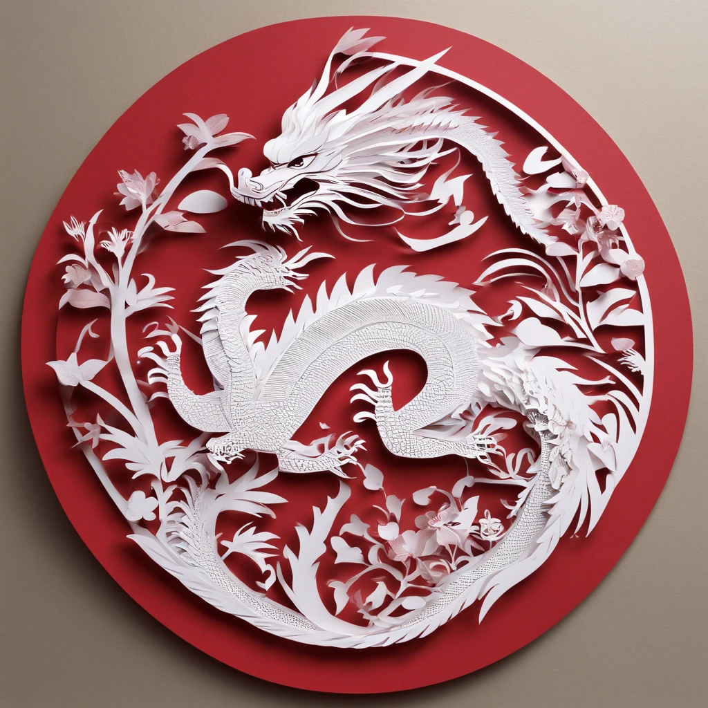 (((masterpiece))), Highest quality, ((Chinese paper cutting of a dragon)), ((Chinese paper cutting)), ((Multi-layered composite paper cutting)),(Round red background paper),Monochrome per paper layer,Positive light,(((Handsome face with great attention to detail)))