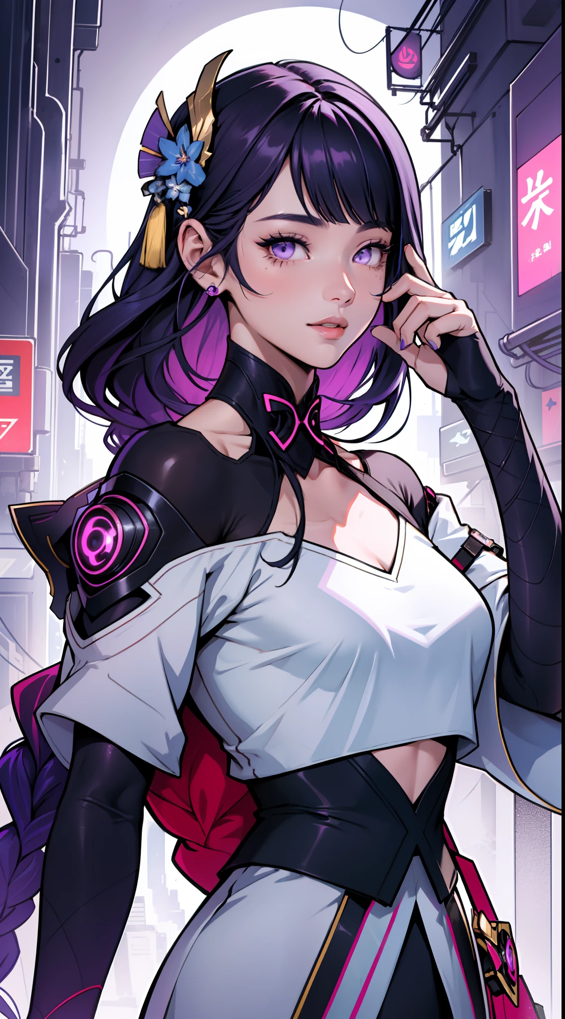 Peorth, (bob cut with low ponytail, very long ponytail), brown eyes, smile, large breasts, indoors, night, night club, latex microdress, microdress, cyberpunk, cleavage, clothing cutout, futuristic setting, neon lights, semi-transparent, transparent, high resolution, 4k wallpaper, super fine illustration, vibrant colors, sharp focus, masterpiece, detailed face