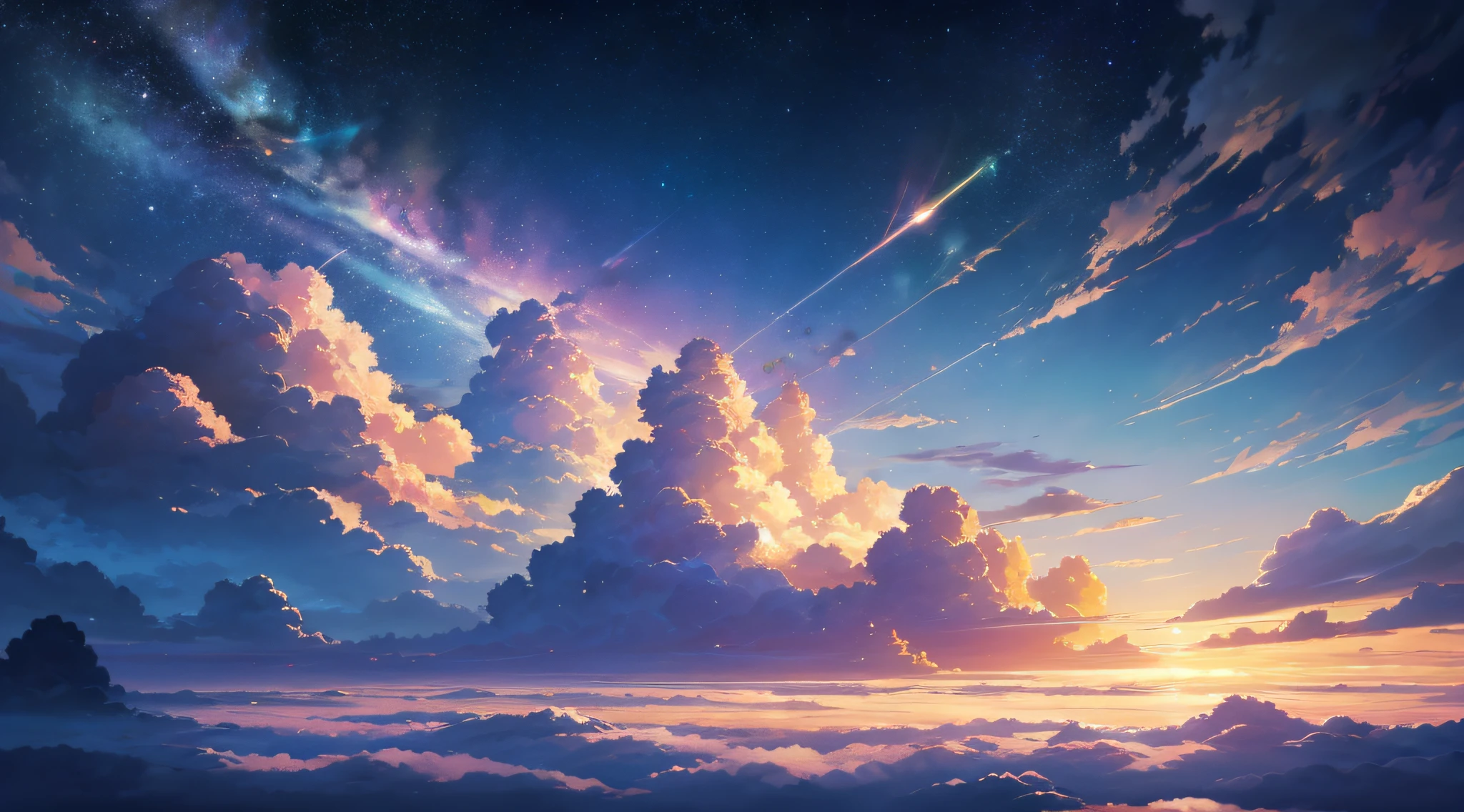 （best qualtiy），（tmasterpiece），（ultra - detailed），（high detal），（The is very detailed），The subject：Anime Sky Dream Medium：Digital illustration or traditional painting。 Resolution：4000x2000 pixels。 Color Palette：Pastel pastel colors blend with vibrant hues。 sentiment：magical、aethereal、peacful。 composition：Wide sky，Floating islands，Whimsical clouds and other fantastic elements。 illuminating：Soft and diffuse lighting，It emits a warm golden glow。 styled：style of anime，With a touch of fantasy and surrealism。 the detail：Including meteors、Colorful nebula、Elements such as fluffy clouds and mysterious creatures。 Inspiration：Anime fantasy world、studio ghibli movie、Surreal art and celestial images。 camera settings：Nothing（Because it is a digital illustration）。 Additional Notes：Emphasize the vastness and beauty of the sky by creating a sense of depth and space。Try various cloud formations and shapes，From fluffy cumulus clouds to slender cirrus clouds。Combined with satellites、Celestial elements such as stars and galaxies，to enhance the fantastic atmosphere。Use soft strokes and blending techniques，Create a seamless and ethereal look。Use lighting effects，Such as soft sunlight or glowing spheres，Add a magical touch。Consider adding whimsical creatures like wyverns or floating jellyfish，Bring a sense of wonder to the scene。Don't be afraid to let your imagination soar，Create a fantasy world that captures the essence of anime fantasy。