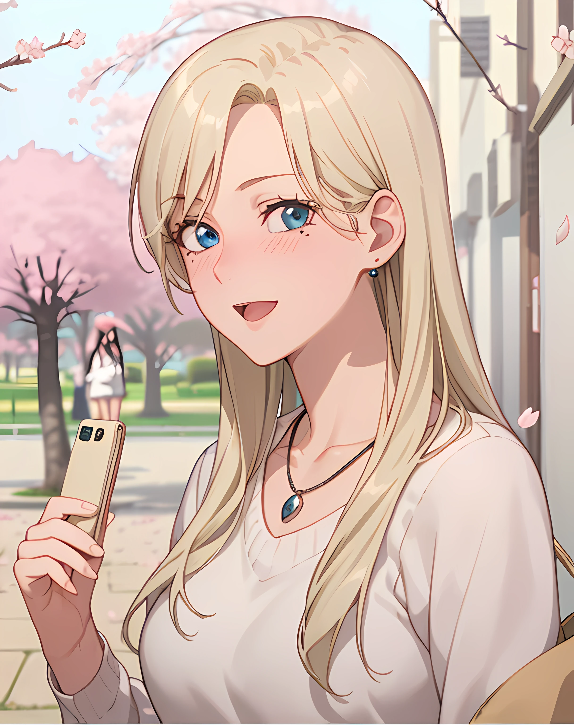 ((masterpiece, best quality, highres, UHD, RTX, perfect pixel, depth of field, 4k, extremely-detailed))), 1girl, single, solo, beautiful anime girl, beautiful artstyle, anime character, ((long hair, parted bangs, blonde hair)), ((blue eyes:1.4, rounded eyes, beautiful eyelashes, realistic eyes)), ((detailed face, blushing:1.2)), ((smooth texture:0.75, realistic texture:0.65, photorealistic:1.1, anime CG style, vibrant color)), ((medium breasts, cleavage:0.9, busty)), dynamic angle, perfect body, ((POV, dynamic pose, portrait)), ((white sweater, long sleeve, black skirt, fashionable, single handbag, 1diamond necklace)), smile, open mouth, amusement park, ((cherry blossom tree, cherry blossoms fall))