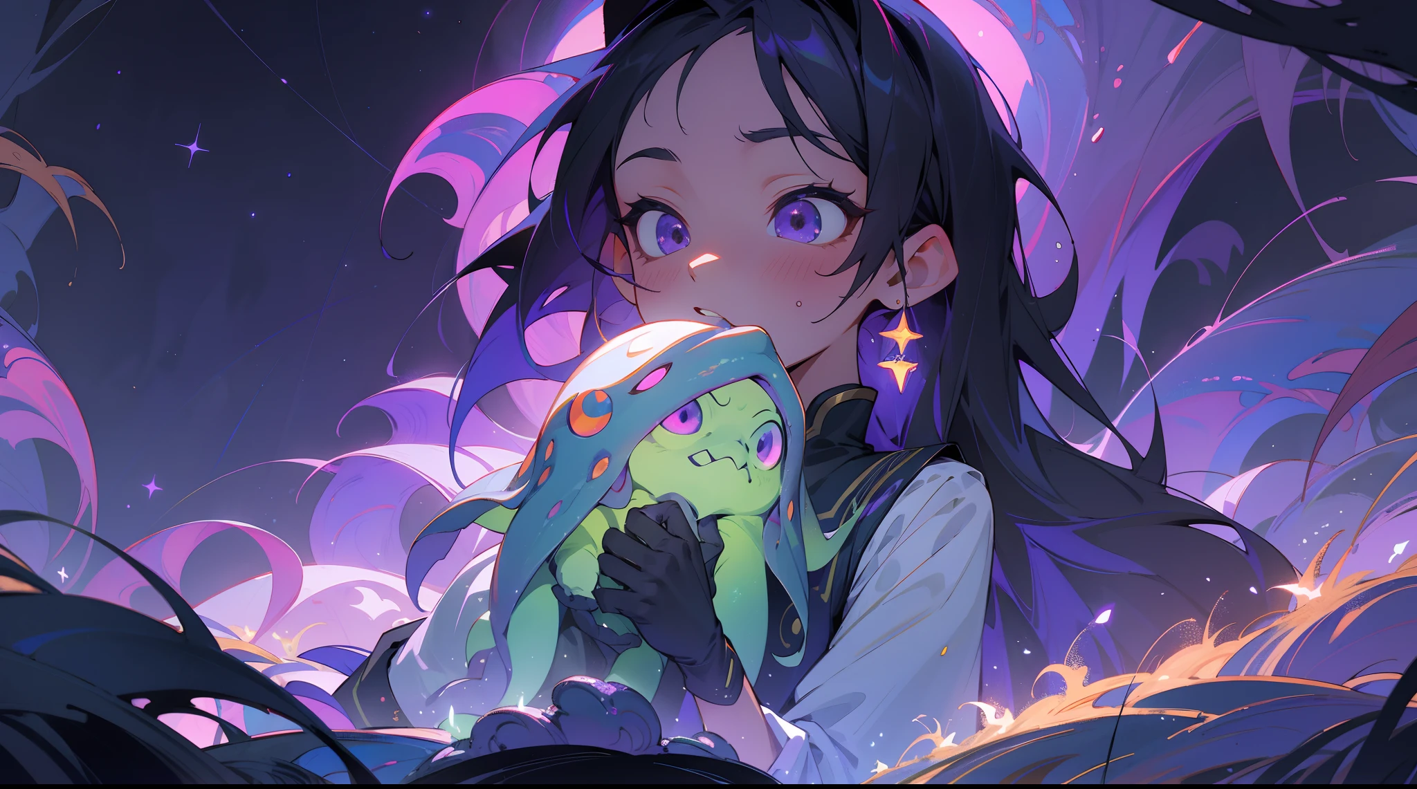 tmasterpiece，Best quality at best，highly details, Ultra-detailed 8K， 超高分辨率，kosmos，starlights，Huge algae，Cthulhu，tentaculata，starrysky，black hole，Bask in starlight，perfect compositions，Purple eye，Black-red and purple background，Faraway view