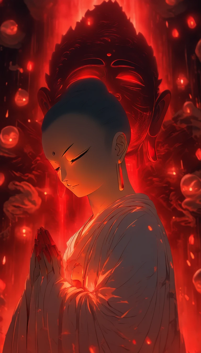 Blood red room, Flashing white TV screen, BUDDHA STATUE, cabelos preto e longos, with hair dishevelled, Cover one eye and face, Bright red eyes, Wearing a white transparent robe, Looming full breasts,Fierce spirits,devil, reaching out her hands,Straighten your body, Red nails are exposed, Pinch the camera, hyper HD, Anatomically correct, Textured skin, Super detail, High details, High quality, A high resolution, 8K, hyper HD, Anatomically correct, Textured skin, Super detail, High details, High quality, Best quality, 8K,Leishnampo,Room 2,Horror