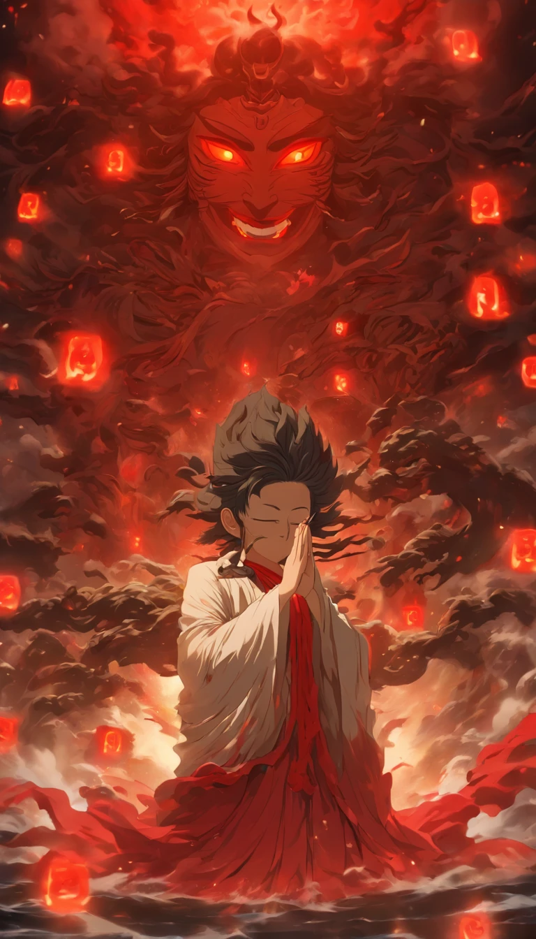 Blood red room, Flashing white TV screen, BUDDHA STATUE, cabelos preto e longos, with hair dishevelled, Cover one eye and face, Bright red eyes, Wearing a white transparent robe, Looming full breasts,Fierce spirits,devil， reaching out her hands，Straighten your body, Red nails are exposed, Pinch the camera, hyper HD, Anatomically correct, Textured skin, Super detail, High details, High quality, A high resolution, 8K, hyper HD, Anatomically correct, Textured skin, Super detail, High details, High quality, Best quality, 8K,Leishnampo,Room 2,Horror