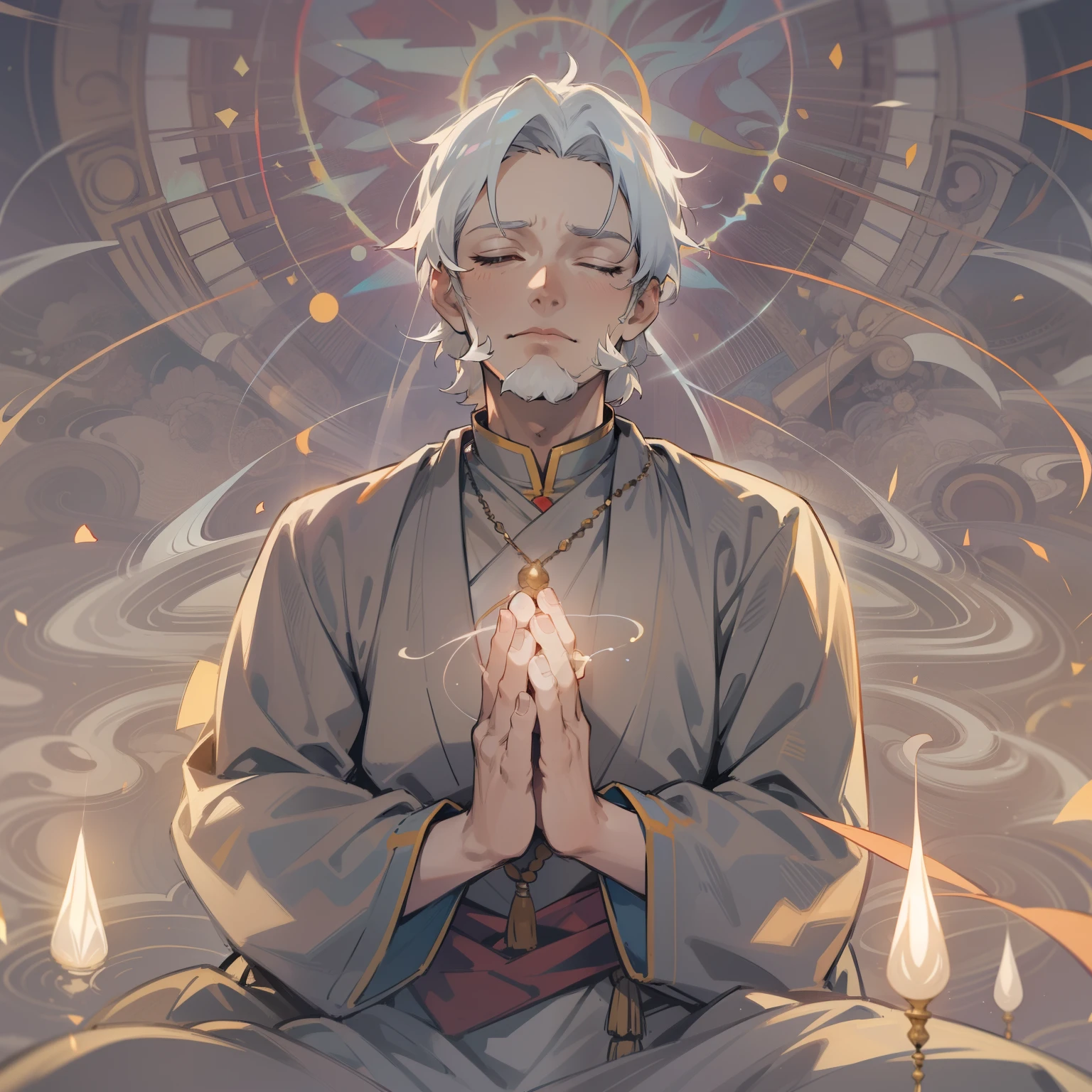 1 adult, ((Adult)), Eyes closed, Grey Hair, Indian Dresses, Praying, ((Light Energy Aura)), ((man)), ((Adult)), 50 years old, Anime ,A young man