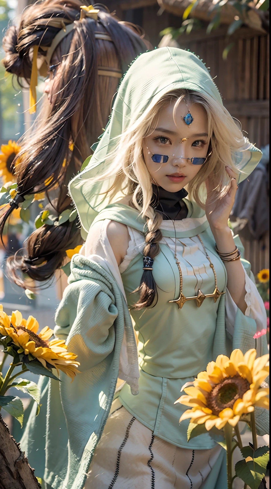 In a very grand scene,The extra-large wide-angle lens captures the appearance of a female centaur。She is a Sunflower Worship nun。She is tall,It has the ultimate curvy beauty,The muscles are slender and firm,Beautiful lines。She has(Super huge sky blue eyes:99.99),Always with sexy glasses。(She wears solemn nun attire:9.9),Stepping on a boot-style skyscraper-heel,A pink cross hangs from his chest。(In front of her is the world's only knitted sunflower potted plant with a super healing smile:99.99),This is the icon of God woven from high-grade yarn。Use Midjourney's advanced tools,Design noble and solemn nun costumes for female centaurs,and highlight her unique physiological characteristics and appearance details,Add realism。And in the context of her prayers and listening to confessions,Spectacular views of nature,Such as the sky where storms and sunny days alternate、Brilliant rivers of stars and auroras、The snow-capped summit of Mount Everest、Fireworks in the mountain town, etc。ao mesmo tempo,Away from the hustle and bustle next to the chapel,Create a fantastic scene。Use Midjourney's advanced tools and multiple color palettes、Brush Strokes、Texture tools and model packages,It shows a sense of atmosphere where beauty and charm coexist。The charm of the female centaur is highlighted through color and lines,Enhance realism with detailing,Create a surreal dreamy feeling。Additionally,Use Midjourney's tools to add various exorcism props and books to the female centaur、pergaminhos,Create intricate hairstyles and outfits,Give her a sense of premium。She never flinches,No matter what monster you encounter,can respond quickly,Even the most extreme armies of natural disasters and monsters could not stop her and her front(The only sunflower in the picture with the Tyndall effect exuding sunlight:999.9)。Use Midjourney's powerful tools,You can do it with incredible detail and beauty,Bring this ultra-grand and beautiful scene to life。Ultra-grand scenes,super wide shot, hdr,(真实感,Masterpiec