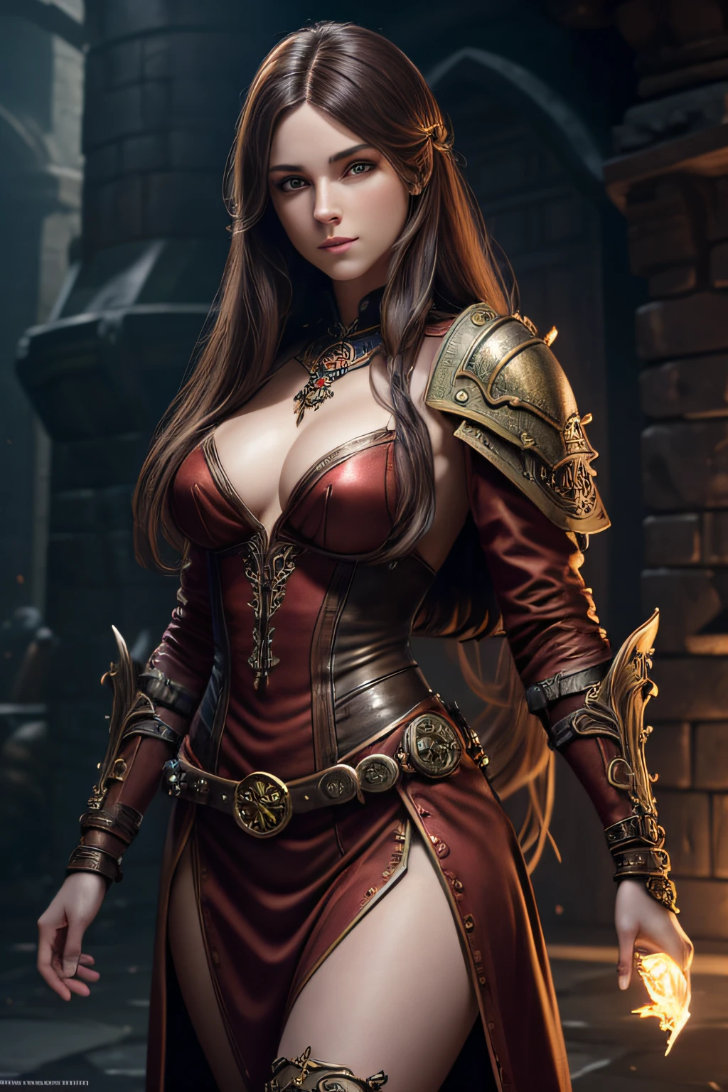 realistic rendering, Dungeons and Dragons, Fantasy, octane rendering, zbrush. Character design, photorealistic, unreal mechanism, hyperdetailed, concept art, trend in art season. ((best quality)), ((masterpiece)), ((realistic)), (detailed), beautiful girl, in steampunk clothes, in the middle of a steampunk city, glowing red eyes, slim and muscular body, full body , silky red long hair, silky pale skin,